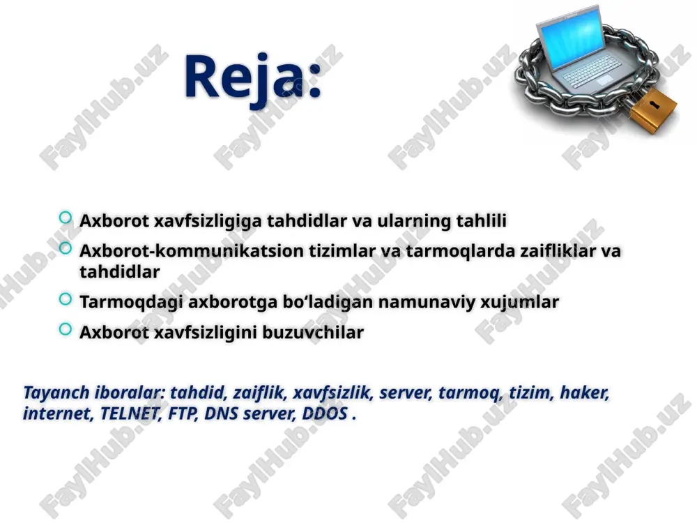 ning xavfsizligi (iso/iec 27002:2005, 8-bo‘lim ) zaifliklar tahdidlar xavfsizlikni yetarlicha o‘rgatilmasligi texnik madadlash xodimining xatosi. xavfsizlik masalalalaridan bexabarligi foydalanuvchilar xatosi monitoring mexanizmlarining mavjud emasligi dasturiy ta’minotdan ruxsatsiz foydalanish telekommunikatsiya va xabarlarni uzatish vositalaridan korrekt (to‘g‘ri) foydalanish bo‘yicha siyosatning mavjud emasligi tarmoq uskunasidan ruxsatsiz foydalanish ishdan bo‘shatilganda foydalanish huquqi bekor qilinmaydi ruxsatsiz foydalanish ishdan bo‘shatilganda resurslarni qaytarishni kafolatlovchi muolaja mavjud emas o‘g‘rilik asossiz yoki norozi xodim axborotni ishlovchi suiste’mol qilinishi vositalarning begona xodimning yoki ishdan keyin ishlovchi xodimning nazoratsiz ishlashi. o‘g‘rilik fizik xavfsizlik va atrof muhit xavfsizligi (iso/iec 27002:2005, 9-bo‘lim ) zaifliklar tahdidlar binodan, xonalardan, ofislardan adekvat bo‘lmagan yoki e’tiborsiz fizik nazoratlash mexanizmlaridan foydalanish atayin zarar yetkazish binoni, eshiklarni va dereazalarni fizik himoyalashning yo‘qligi o‘g‘rilik suv toshishiga duchor zonada joylanishi cho‘kish himoyalanmagan saqlash o‘g‘rilik axborotni saqlash vositalarining nomuvofiq o‘rnatilishi/nomunosib olib yurilishi olib yurilishi jarayonida xatolik uskunani davriy almashtirish sxemasining yo‘qligi axborotni saqlash vositalarining eskirishi uskunaning namlikka, changlikka va ifloslanishga duchor bo‘lishi …