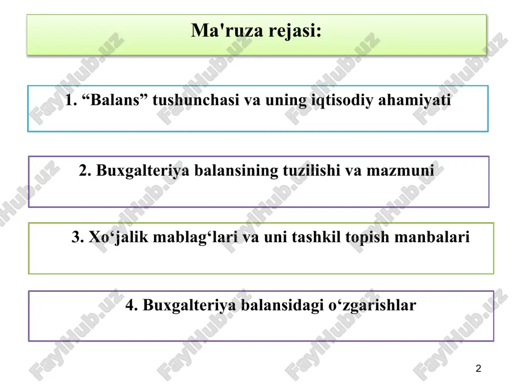 a passivlar chap tomoni aktivlar deb atalib, ular xo'jalik mablag'laridan tashkil topadi. o'ng tomoni esa passivlar bo'lib, mablag'larning tashkil topish manbalari va majburiyatlaridan iborat bo'ladi aktivlar = xususiy kapital + majburiyatlar 9 2. buxgalteriya balansining tuzilishi va mazmuni «aktiv» atamasi lotincha - faoliyatli, amal qilish, mavjud bo'lish degan so'zlardan kelib chiqqan. shundan kelib chiqib, aktiv deganda mablag'lar qanday amal qilayotganligini, ishlayotganligini ko'rsatuvchi mablag'lar guruhlanishini tushunish kerak «passiv» atamasi lotincha - faolsiz, xolis, betaraf turmoq, tushuntirish kabi so'zlarning ildizidan olingan. tarixan bu atama dastlab faqat qarzga olingan mablag'larga nisbatan, ya'ni uchinchi shaxslar oldidagi majburiyatlarga nisbatan qo'llanilgan. 10 2. buxgalteriya balansining tuzilishi va mazmuni balans balans passivi (tashkil topish manbalari) balans aktivi (xo'jalik mablag'lari) joriy xususiy kapital uzoq muddatli majburiyatlar 11 aktivlar passivlar uzoq muddatli aktivlar xususiy kapital asosiy vositalar nomoddiy aktivlar qimmatli qog'ozlar kapital qo'yilmalar ustav kapitali qo'shilgan kapital rezerv kapitali taqsimlanmagan foyda joriy (aylanma) aktivlar majburiyatlar materiallar ishlab chiqarish pul …