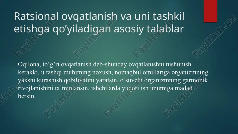 ga qo‘llaniladi? og‘ir oshqozon-ichak kasalliklarida (masalan, ichakning to‘liq bloklanishi yoki og‘ir nekroz). ochiq ichak operatsiyalaridan so‘ng, ichak ishlamayotgan hollarda (ileus). og‘ir kuyish, shok, sepsis holatlarida. juda kuchli diareya yoki qusish natijasida suyuqlik va oziqa moddalari yetkazib bo‘lmaganda. vitaminlar (lotincha: vita — hayot),darmon dori — tirik organizmning hayot faoliyati va normal moddalar almashinuvi uchun zarur boʻlgan organik birikmalar. vitaminlar guruhlari suvda eruvchi vitaminlar tiamin (b1, vitamin) riboflavin (b2 vitamin) nikotinamid, nikotin kislota (rr vitamin)(b3) pantotenat kislota (v5 vitamin) piridoksin (b6 vitamin) folat kislota (b9 vitamin) sianokobalamin (b12 vitamin) askorbin kislota (s vitamin) yog‘da eruvchi vitaminlar retinol (a vitamin) tokoferol(e vitamin) holiergokalsiferol(d vitamin) fillahinon(k vitamin) vitamin b 20 : l - karnitin vitamin b 20 : l - karnitin vitamin b 20 : l - karnitin vitamin b 10 : para -aminobenzoy kislotasi (paba yoki paba) vitamin b 11 : pteroylheptaglutamik kislota (phga; vitamin b 13 : orotik kislota vitamin b 14 …