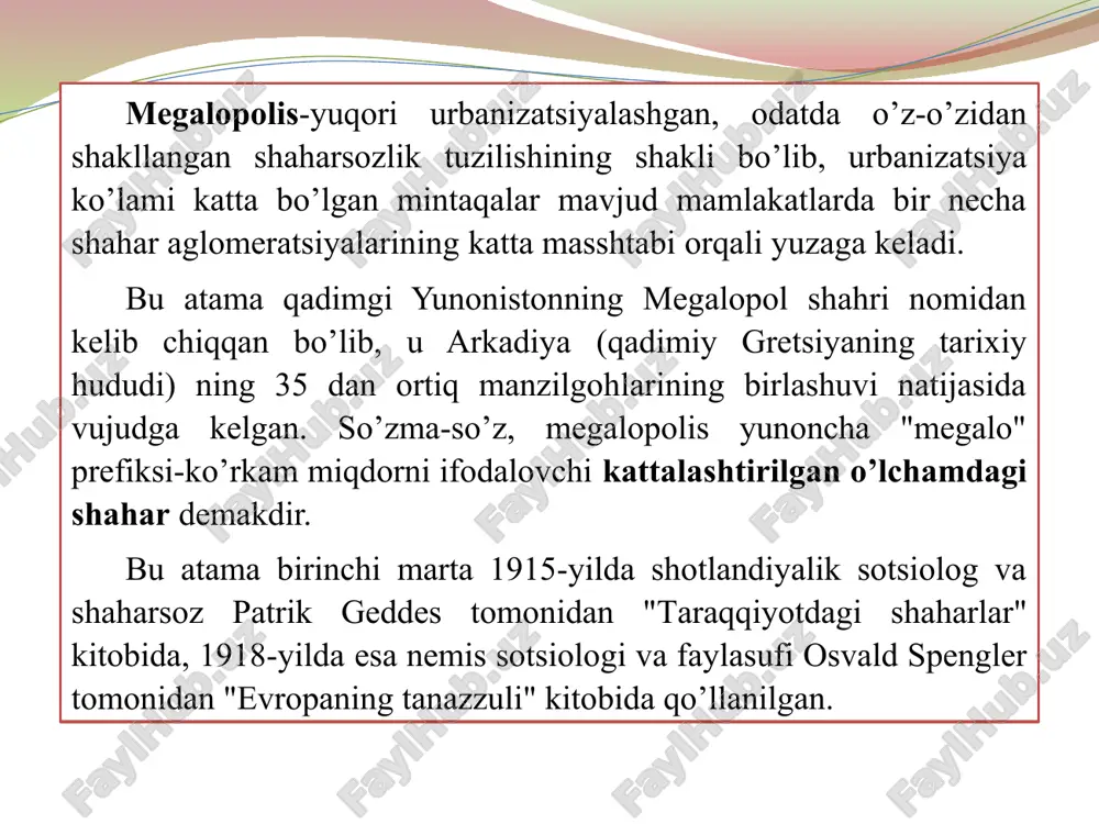 avlatlarda joylashadi. 10 mln.dan oshiq aholi joylashgan shaharlarda aholi soni 1975-2007 yillarda 53 dan 286 mln.gacha oshdi, 2025 yilgacha esa 447 mln.gacha oshishi kutilmoqda. megapolislar orasida tokio alohida o’ringa ega (aholisi 2007 yilda 35.7 mln. kishi). u katta tokio va atrofdagi 87 ta shaharlarni qamrab olgan. shular jumlasiga yokogamu, kavasaki va chibu kabi o’zining aniq huquqiy o’rniga ega bo’lgan shahar markazlari ham kiradi. tokiodan keyin nyu-york, mexiko va bombey (har birida 19 mln.dan oshiq aholisi bor), shuningdek, san-paulu (18.8) aglomeratsiyalari turadi. 2007 yilda eng ko’p megapolislar osiyo qit’asida bo’lgan, ularning soni o’n bitta. lotin amerikasida to’rtta, afrika va yevropada bittadan megapolis bo’lgan. so’nggi yillarda shaharlarning shiddat bilan o’sishini ilmiy adabiyotlarda “urbanizatsiya revolyutsiyasi” deb atash qabul qilingan. hisob-kitoblarga ko’ra 2005 yilda shaharlarda planeta aholisining yarmidan ko’pi istiqomat qilgan. zamonaviy demografik sharoit shuni ko’rsatadiki, butun dunyo shahar aholisining uchdan ikki qismi har yil 65 mln. yangi aholiga ega bo’layotgan rivojlanayotgan shaharlarda yashaydi. …