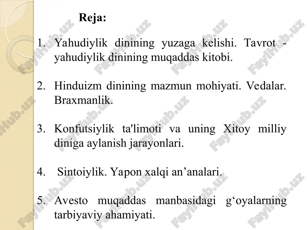 aratishni yakshanbada boshlab, juma kuni tugatdi, shanba kuni esa dam oldi va yahudiylarga ham shu kuni dam olishni buyurdi. shu sabab yahudiylik dinida shanba kuni ulug‘ kun hisoblanib, hech bir ishga qo‘l urilmaydi. 2. yahudiylar yer yuzidagi xalqlarning «eng mumtozi» va u «dunyoda berilajak in’omlaming eng haqlisi» ekanligi. ular o‘zlarini xudo tomonidan saylangan, muqaddas xalq ekanini, yahudiyning ruhi xudoning bir qismi hisoblanishini da’vo qiladilar. 3. messiya - xaloskorning kelishi haqida. unga ko'ra, oxirzamonda yahve yahudiylar orasidan bir xaloskori chiqaradi va u quyidagi vazifalarni bajaradi: 1) dunyoni isloh qilgan holda qaytadan quradi; 2) butun yahudiylami sinion atpofida to’playdi; 3) ularning barcha dushmanlarini jazolaydi. 4. oxirat kuniga ishonish. yahudiylikda oxirat haqidagi tasavvurlar, asosan talmudda bayon etilgan. unga ko‘ra, yahvega chin e’tiqod qilganlar oxiratda mukofotlanadilar. aksincha, uning qonunlarini buzganlar shafqatsiz jazo oladilar. www.arxiv.uz yahudiylik manbalari. tavrot (tora) yahudiy dinining muqaddas manbalaridan sanaladi. u muso payg‘ambarga tur tog‘ida berilgan. yahudiy dinining ikkinchi manbasi talmuddir. …