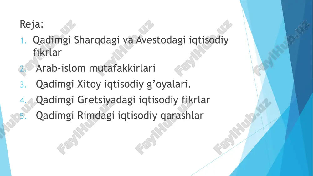 quyiladi. bu ikki daryo atrofidagi joylarning tuprog’i unumdor, suvi ko’p bo’lib, qishloq xo’jaligi ishlab chiqarishiga juda qo’l kelardi ko'xna bobil iqtisodiy fikrlari. qadimgi sharqda ancha rivojlangan davlatlardan biri bobil bo’lgan. unda xususiy mulkchilik va tovar-pul munosabatlari nisbatan tez rivojlana boshladi. jamiyatdagi kishilar borgan sari ko’proq tovar ayirboshlashga jalb qilinardi. ularning ba’zilari sudxo’rlar to’riga ilinib, xonavayron bo’ldi va qullarga aylandi. to’la huquqli bo’lmagan (qaram) kishilar qatlamining ancha kuchayib borishi vujudga kela boshladi. harbiylar va soliq to’lovchilardan ajralib qolishga olib keluvchi bunday jarayon davlatni zaiflashtirgan. jamiyatdagi erkin kishilarni sudxo’rlardan himoya qilish maqsadida (ularning mulkini himoya qilish, savdo, ijara va boshqa shartlarini qonuniy ravishda rasmiylashtirish) xususiy, huquqiy munosabatlarni davlat tomonidan tartibga solinishi zaruriyati kuchaydi. davlat bu vazifalarni qonunchilik yo’li bilan hal qilishga uringan. bu borada iqtisodiy fikrlar nuqtai nazardan eshnun podshohi qonunlari (m.o. xx asr.) va xammurapi qonunlari (m.o. xviii asr.) ancha diqqatga sazovor «artxashastra» ta’limoti. qadimgi hindiston xo‘jaligi, ijtimoiy tuzumi va iqtisodiy …