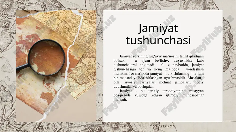 jud bo‘lmagan. ijtimoiy faoliyat ustidan joriy rahbarlikni jamoa tomonidan saylangan urug‘ oqsoqoli amalga oshirgan. favqulodda muhim ishlarni hal qilish uchun oqsoqollar kengashi chaqirilgan. urf-odatlar ibtidoiy jamoa hayotiy faoliyatining qat’iy tartibga bo‘ysunishini ta’minlagan. urf-odatlar avloddan-avlodga o‘tib borgan. urf-odatlarga taqiq (tabu), axloq, afsona, marosimlar kirgan; ijtimoiy normalarga amal qilish asosan ko'nikmalar va ixtiyoriylik asosida bo‘lib, uni buzgan shaxslarga jamoatchilik ta’siri va boshqa turdagi jazolar qo‘llanilgan (masalan, urug‘- qabiladan haydash). ijtimoiy hokimiyat va boshqaruv jihatidan ibtidoiy jamiyatning xususiyatlari: urug‘chilik tuzumida o‘z-o‘zini boshqarish tuzilmalari oqsoqollar kengashi harbiy boshliqlar umumiy yig‘in kohinlar davlatning jamiyat mavjud bo‘lishining muhim shakli sifatidagi belgilari jamiyat davlat tushunchasidan kengroqdir davlat jamiyat bilan bir vaqtda yuzaga kelgan emas davlat ijtimoiy rivojlanishning mahsulidir davlatning yuzaga kelishiga bir qator omillar sabab bo‘lgan davlat tarixiy taraqqiyotning muayyan bosqichida yuzaga kelgan savollar bo‘lsa marhamat image1.png image2.png image3.svg image4.png image5.svg image6.png image7.svg image8.jpeg image9.jpeg image10.png image11.png image12.svg image13.png image14.svg image15.png image16.svg image17.jpeg image18.jpeg /docprops/thumbnail.jpeg