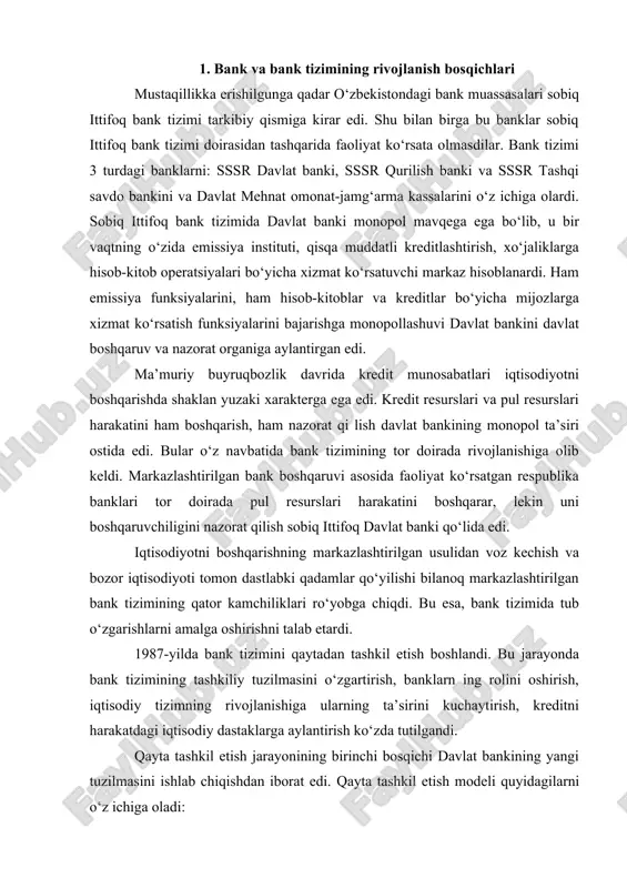 987-yilda bank tizimini qaytadan tashkil etish boshlandi. bu jarayonda bank tizimining tashkiliy tuzilmasini o‘zgartirish, banklarn ing rolini oshirish, iqtisodiy tizimning rivojlanishiga ularning ta’sirini kuchaytirish, kreditni harakatdagi iqtisodiy dastaklarga aylantirish ko‘zda tutilgandi. qayta tashkil etish jarayonining birinchi bosqichi davlat bankining yangi tuzilmasini ishlab chiqishdan iborat edi. qayta tashkil etish modeli quyidagilarni o‘z ichiga oladi: · ikki bosqichli bank tizimini vujudga keltirish: markaziy emis-sion bank va bevosita xo‘jaliklarga xizmat ko‘rsatuvchi ixtisoslashgan davlat banklari; · ixtisoslashtirilgan banklarni to‘laligicha xo‘jalik hisobiga va o‘z-o‘zini moliyalashga o‘tkazish; · iqtisodiy tizim doirasida yuridik va jismoniy shaxslar bilan bo‘ladigan kredit munosabatlari, uslublari va shakllarini takomillashtirish va boshqalar. bank tizimini takomillashtirish jarayoni davomida davlat banki o‘zining kredit tizimidagi markaziy o‘rnini saqlab qolgan holda korxona va tashkilotlarga kredit berish va ular bilan hisob-kitoblarni olib borish funksiyasini maxsus ixtisoslashgan banklarga topshirdi. ya’ni bankning emission faoliyatini kreditlash faoliyati bilan birga olib borish funksiyasiga chek qo‘yildi. davlat banki ixtisoslashgan banklar faoliyatini boshqaruvchi, barcha …