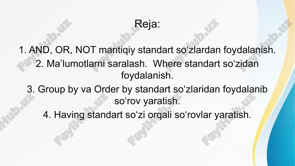 group by id; order by funksiyasining qo’llanilishi: select * from teachers order by names; order by desc funksiyasining ishlatilishi: select * from teachers order by names desc; having standart so‘zi orqali so‘rovlar yaratish having funksiyasini ishlatilishi: select * from teachers having income > 2000000; image1.jpeg image3.png image4.png image5.png image6.png image7.png image8.png image9.png image10.png image11.png image12.png image13.png image14.png image2.jpeg /docprops/thumbnail.jpeg