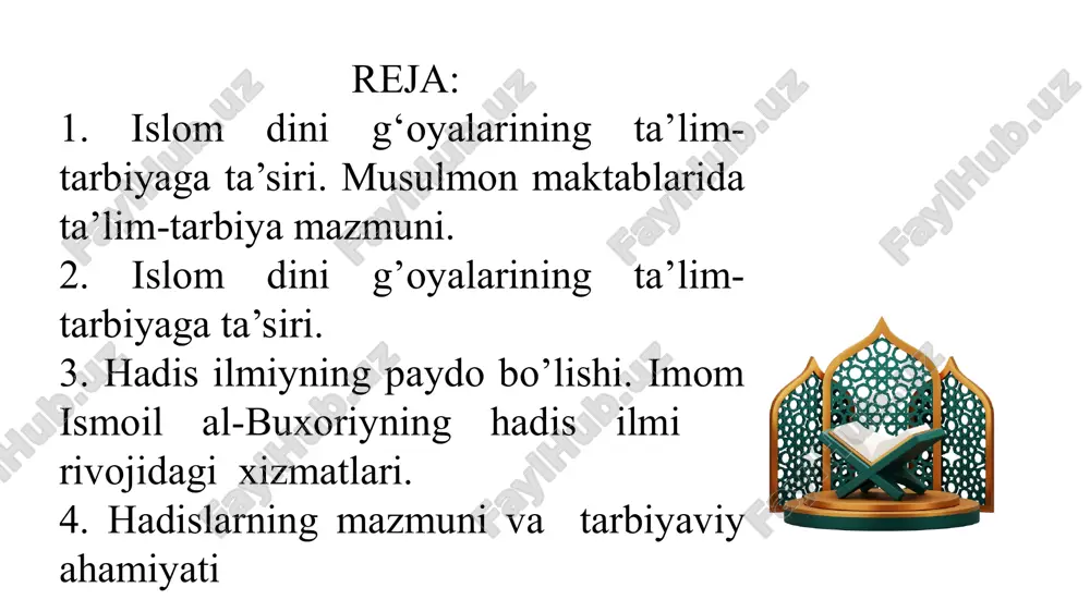 m xatini yaxshi biladigan, ularning xabar va rivoyatlarini o‘rgangan va (bilimini) boshqalarga o‘rgatadigan kishilarni halok etib, butkul yo‘q qilib yuborgan edi. shuning uchun u (xabar va rivoyatlar) islom davridan keyin haqiqatni bilib bo‘lmaydigan darajada yashirin qoldi. keyin: qutayba ibn muslim xorazmliklarning kotiblarini halok etib, bilimdonlarini o‘ldirib, kitob va daftarlarini kuydirgani sababli ular savodsiz qolib, o‘z ehtiyojlarida yodlash quvvatiga tayanadigan bo‘ldilar». arablar tomonidan buxoroda ko‘plab masjidlar qurildi va kofirlik, otashparastlik asarlari yo‘q qilindi. ulkan hududni egallagan arab xalifaligi davrida ilm fan qayta rivojlandi. qadimgi yunon va rim madaniy meroslari negizida bir qator yangi tushuncha va bilimlar bilan boyidi. yunon va rim olimlarining matematika, astronomiya, geografiya kimyo va boshqa asarlari arab tiliga tarjima qilindi. islom dini asoslari bo‘lgan muqaddas qur’on kitobi asosida yaratilgan arab tilini o‘rganish joriy etildi, chunki, musulmon maktablarida asosiy manbalar va kitoblar arab tilida edi. masjidlar qoshidagi maktablarda imomlar, madrasalarda esa mudarrislar yoshlarga ta’lim va tarbiya berishgan. madrasa so‘zi …