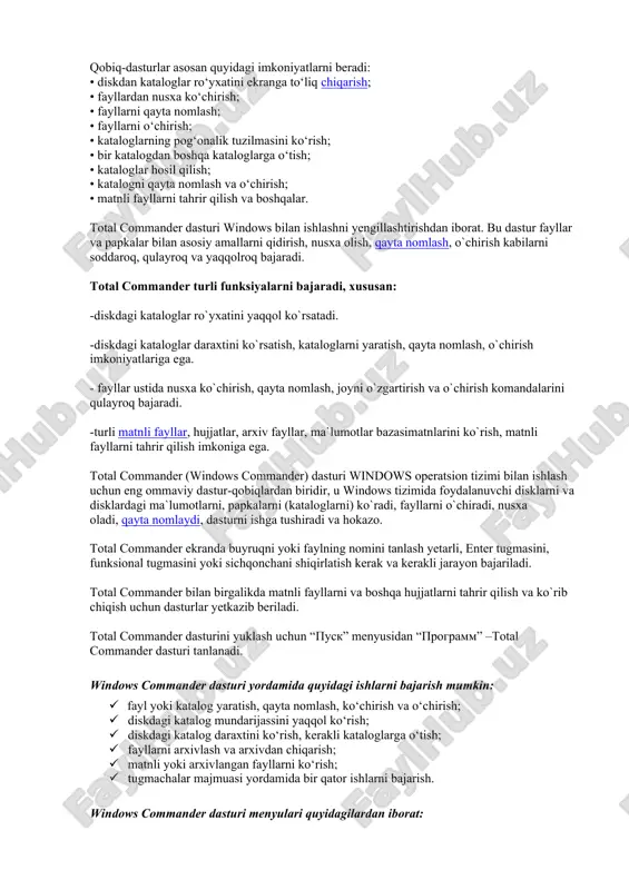 k almash- tirish katalog va fayllar windows commander buyruqlari 1 – oyna 2 – oyna qobiq-dasturlar asosan quyidagi imkoniyatlarni beradi: • diskdan kataloglar ro‘yxatini ekranga to‘liq chiqarish; • fayllardan nusxa ko‘chirish; • fayllarni qayta nomlash; • fayllarni o‘chirish; • kataloglarning pog‘onalik tuzilmasini ko‘rish; • bir katalogdan boshqa kataloglarga o‘tish; • kataloglar hosil qilish; • katalogni qayta nomlash va o‘chirish; • matnli fayllarni tahrir qilish va boshqalar. total commander dasturi windows bilan ishlashni yengillashtirishdan iborat. bu dastur fayllar va papkalar bilan asosiy amallarni qidirish, nusxa olish, qayta nomlash, o`chirish kabilarni soddaroq, qulayroq va yaqqolroq bajaradi. total commander turli funksiyalarni bajaradi, xususan: -diskdagi kataloglar ro`yxatini yaqqol ko`rsatadi. -diskdagi kataloglar daraxtini ko`rsatish, kataloglarni yaratish, qayta nomlash, o`chirish imkoniyatlariga ega. - fayllar ustida nusxa ko`chirish, qayta nomlash, joyni o`zgartirish va o`chirish komandalarini qulayroq bajaradi. -turli matnli fayllar, hujjatlar, arxiv fayllar, ma`lumotlar bazasimatnlarini ko`rish, matnli fayllarni tahrir qilish imkoniga ega. total commander (windows commander) dasturi …