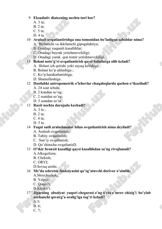 shmalar bilan ovqatlantirish nima deyiladi? a. aralash ovqatlanish; b. tabiiy ovqatlanish; c. sun’iy ovqatlanish; d. qo’shimcha ovqatlanisd. 15 o’tkir bronxit kasalligi qaysi kasallikdan so’ng rivojlanadi? a.alkogolizm; b. chekish; c. orvi; d.sovuq urishi. 16 me’da sekretor funksiyasini qo’zg’atuvchi dorivor o’simlik: a.moychechak; b. yalpiz; c. qoqio’t; d.kiyiko’t. 17 jigarning absolyut yuqori chegarasi o’ng o’rta o’mrov chizig’i bo’ylab nechanchi qovurg’a oralig’iga tog’ri keladi? a.5; b. 6; c. 7; d.8. 18 o’tkir piyelonefritning etiotrop davosida qo’llaniladi: a.analgin; b. dimedrol; c. furosemid; d.nevigramon. 19 tireotrop gormon qayerda ishlab chiqariladi? a. gipofiz bezining orqa bo’lagida; b. gipofiz bezining oraliq bo’lagida; c. gipofiz bezining oldingi bo’lagida; d. qalqonsimon bezda. 20 leopold – levitskiy buyicha tashki akusherlik tekshiruvini 1- usulini ko‘rsatib bering. a. tekshiruvchi ayolning oyoq tomonida turgan xolda ikkala qo’li kaftini bachadon pastki qismining ung va chap tomoniga kuyadi va pastga tomon asta bosadi, bunda tekshiruvchi uz qo’lini xomilaning oldinda keluvchi qismi bilan chanok kirish qismiga yuboradi. …