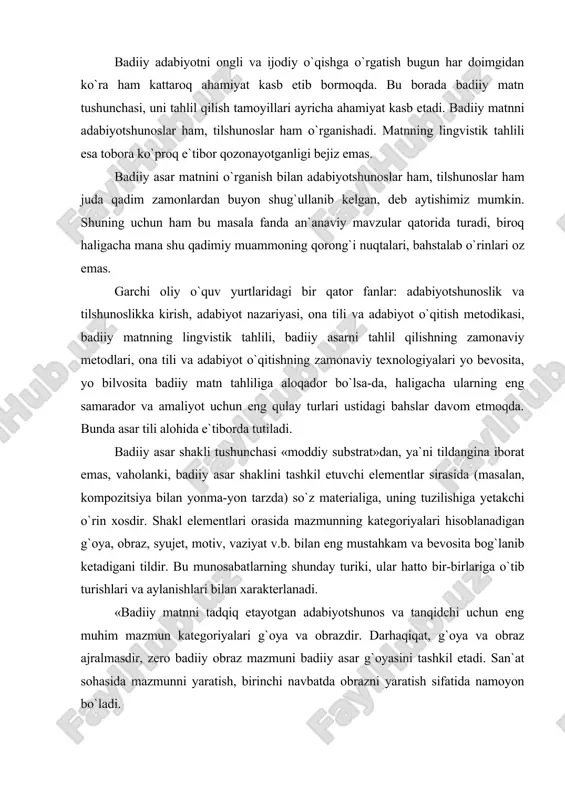 iyotshunos va tanqidchi uchun eng muhim mazmun kategoriyalari g`oya va obrazdir. darhaqiqat, g`oya va obraz ajralmasdir, zero badiiy obraz mazmuni badiiy asar g`oyasini tashkil etadi. san`at sohasida mazmunni yaratish, birinchi navbatda obrazni yaratish sifatida namoyon bo`ladi. yuqorida bayon etilgan mulohazalardan ochiq ko`rinib turibdiki, badiiy asar mazmunining umumiy talqini, ochilishi va baholanishida tilning ahamiyati nechog`lik kattadir. shunga qaramay, badiiy matn tahliliga bag`ishlangan tadqiqotlarda g`oya-obraz va til mutanosibligi masalalari turlicha ko`rib chiqiladi» . «ulardan bittasini qayd etaylik: struktur-lingvistik metod o`z tabiatiga ko`ra ikkiyoqlama bo`lgan obyektning bir tomonini - tilni o`rganishga, (biroq nutqni o`rganishga emas) yo`naltirilgan, ayni paytda adabiyotshunos konkret «nutqiy» mavjudlik bilan (mavhum «til» hodisalari bilan emas) bilan mashg`ul bo`ladi» . tilshunoslik faoliyatining bitta sohasi badiiy asar tili va uslubini, jumladan, yozuvchining individual uslubini o`rganishdan iboratdir. biroq, sof tilshunoslik nuqtai nazaridan o`rganiladigan yo`nalishda badiiy asarning butunligiga ko`ra uning mazmun alomatlarini to`la qamray olmaydi. biz bir asar tilini tahlil qilishni rejalashtiraylik. buning uchun …