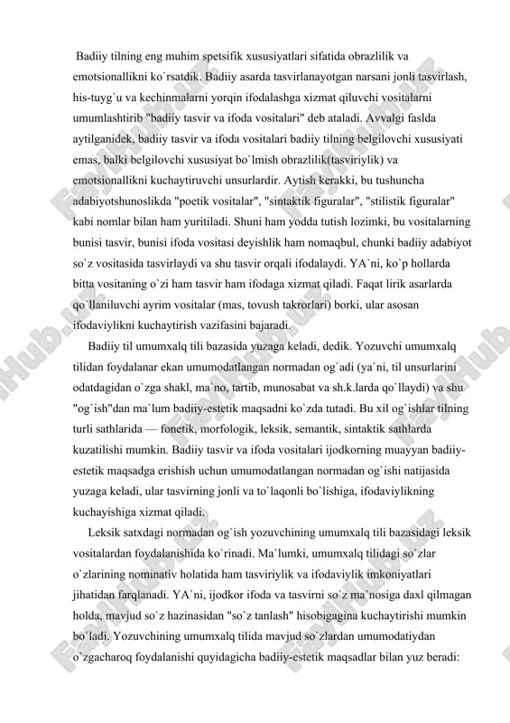 ular tasvirning jonli va to`laqonli bo`lishiga, ifodaviylikning kuchayishiga xizmat qiladi. leksik satxdagi normadan og`ish yozuvchining umumxalq tili bazasidagi leksik vositalardan foydalanishida ko`rinadi. ma`lumki, umumxalq tilidagi so`zlar o`zlarining nominativ holatida ham tasviriylik va ifodaviylik imkoniyatlari jihatidan farqlanadi. ya`ni, ijodkor ifoda va tasvirni so`z ma`nosiga daxl qilmagan holda, mavjud so`z hazinasidan "so`z tanlash" hisobigagina kuchaytirishi mumkin bo`ladi. yozuvchining umumxalq tilida mavjud so`zlardan umumodatiydan o`zgacharoq foydalanishi quyidagicha badiiy-estetik maqsadlar bilan yuz beradi: 1. davr koloritini(ruhini) berish uchun. lug`atdagi eskirgan so`zlar — arxaizm va istorizmlar odatdagi so`zlashuvda ishlatilmasligi ma`lum. biroq ular tarixiy mavzudagi badiiy asarlarda davr koloritini berish uchun juda zarur. deylik, o`z asarida o`n beshinchi asr voqeligini tasvirlayotgan ijodkor, tabiiyki, o`sha davrga xos realiyalarni tasvirlashi lozim bo`ladi. ya`ni, o`sha davr koloritini o`sha davrga xos bo`lgan narsa-buyumlar, hodisalar, tushunchalar va h. nomlarisiz to`la tasvirlab bo`lmaydi. ikkinchi tomondan, o`n beshinchi asr muhitida harakatlanayotgan personaj tili ham shunga mos bo`lishi, uning nutqida o`sha davrga xos so`zlar …