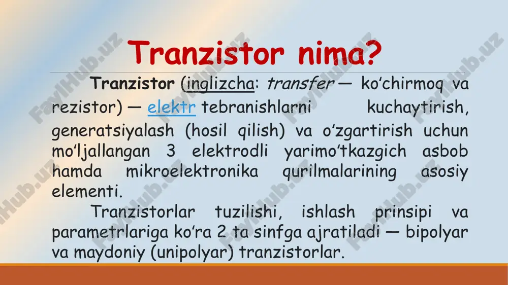 gartirish orqali amalga oshiriladi. maydoniy tranzistorlar maydoniy tranzistor yoki unipolyar tranzistorlarning yaratilishi avstriya-vengriyalik fizik yuliy edgar lilienfild nomi bilan bogʻliq. u tokni boshqarishning yangi yoʻlini taklif qilgan. u taklif qilgan usulga koʻra, tok uzatish yoʻli boʻylab unga koʻndalang elektr maydon qoʻyiladi. bu elektr maydon zaryad tashuvchilarga taʼsir qilib, oʻtkazuvchanlikning yoʻnalishini oʻzgartiradi. ushbu kashfiyot uchun kanada (1925-yil 22-oktabrda) va germaniyada (1928-yilda) patent olgan. 1920-yilda patentlangan va hozirda kompyuter sanoatining asosini tashkil etadigan birinchi mds maydoniy tranzistor birinchi boʻlib 1960-yilda amerikalik olimlar kang va atallaning ishidan soʻng yaratilgan boʻlib, ular kremniy sirtini oksidlash orqali uning sirtida dielektrikining kremniy dioksidining juda yupqa qatlamini hosil qilishni taklif qildilar. bu qatlam oʻtkazgich kanalidan metall zatvorni izolyatsiya qilish vazifasini bajarardi. bunday bunday tuzilishga mos strukturasi deyiladi (metall-oksid-yarim oʻtkazgich, inglizcha metall-oxide-semiconductor). maydoniy transistor. maydoniy tranzistor (mt) deb, tok kuchi qiymatini boshqarish ychun o‘tkazuvchi kanaldagi elektr o‘tkazuvchanligikni o‘zgartirish hisobiga elektr maydon o‘zgarishi bilan boshqariladigan yarim o‘tkazgichli aktiv asbobga …