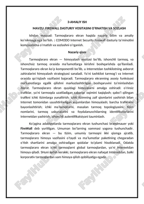 hiradigan qoidalar to‘plami hisoblanadi. odatda tarmoqlararo ekran ichki tarmoqlarni global tarmoqlardan, ya’ni internetdan himoya qiladi. shuni aytish kerakki, tarmoqlararo ekran nafaqat internetdan, balki korporativ tarmoqlardan xam himoya qilish qobiliyatiga egadir. pusk va r tugmasi bosilib shu oyna ochildi ipconfig buyrug’i yozilib shu kurinishga keldi config va prabil tugmasi va slesh vaall tugmalari bosilib shu holatga keldi image3.png image1.png image2.png