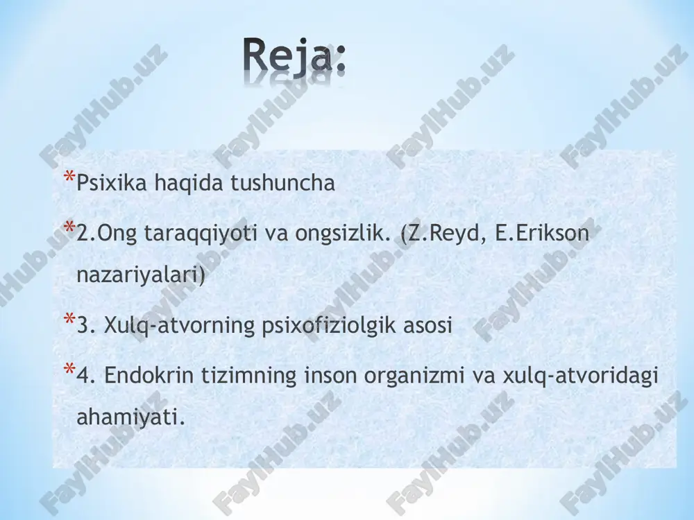 si ong yordami bilan odamning maqsadni ko’zlash faoliyati ta’minlanadi. ongning to’rtinchi xossasi turli his tuyg’ularning yuzaga kelishi. ongning yuzaga kelishining asosiy sharti, vositasi tildir. odamning miyasining og'irligi o'rtacha –1400 gr. maymunda – 500 gr., otda – 650 gr., ho'kizda – 500 gr., kitda – 2800 gr., filda – 4000 gr. i.s.turgenevning miyasi – 2012 gr.; i.p.pavlovning miyasi – 1653 gr.; d.i.mendelevning miyasi – 1571 gr.; a.fransning miyasi – 1017 gr. psixik holat sifatida ongsizlik voqelikni aks ettirishning shunday bir shakli hisoblanadiki ,bunda harakat o’rni va vaqtini mo’ljal qilish, yaxlitligi yo’qoladi, hatti-harakatining nutq yordamida boshqarilshi buziladi. ongsizlikka quyidagi psixik holatlarni kiritish mumkin: uyqu paytida yuz beradigan psixik hodisalar (tush ko’rish) sezilmaydigan lekin haqiqatda ham ta’sir ko’rsatadigan kuzatuvchilarga javob reaktsiyalari: oldinlari ong harakat bo’lib, lekin takrorlanaverib avtomatlashib ketgan va shunga ko’ra endilikda anglanmaydigan bo’lib qolgan harakatlar faoliyatiga undovchi ammo maqsad hissidan anglanmaydigan ayrim moyillar, ongsizlik hodisalariga bemor kishining psixikasida ro’y beradigan ba’zi …