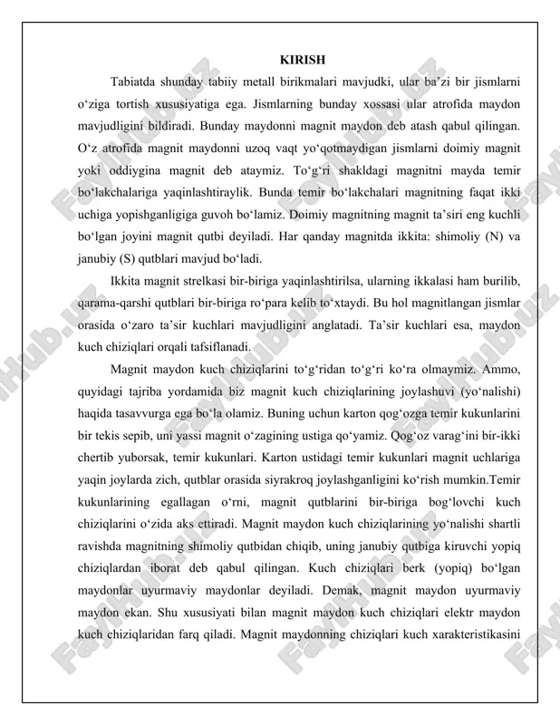 bo‘lgan maydonlar uyurmaviy maydonlar deyiladi. demak, magnit maydon uyurmaviy maydon ekan. shu xususiyati bilan magnit maydon kuch chiziqlari elektr maydon kuch chiziqlaridan farq qiladi. magnit maydonning chiziqlari kuch xarakteristikasini tafsiflovchi fizik kattalik magnit maydon induksiyasi deb ataladi. magnit maydon induksiyasi vektor kattalik bo‘lib, u harfi bilan belgilanadi. magnit maydon induksiyasining birligi qilib xbsda serbiya fizigi nikola teslaning sharafiga tesla (t) deb atash qabul qilingan. magnit maydon modda emas, balki alohida zarralardan mujassamlangan moddadan tamomila farqli ravishda, materiyaning fazoda uzluksiz mavjud bo'lgan turidir. tokli o'tkazgichlarning magnit maydoni cheksizlikkacha yoyiladi, biroq masofa ortishi bilan magnit kuchlari juda tez zaiflashadi. shu sababli amalda magnit kuchlarining ta'sirini tokli o'tkazgichga yaqin masafalardagina sezish mumkin. tinch turgan elektr zaryadlari atrofidagi fazoda elektr maydon hosil bo'lgani kabi, toklar atrofidagi fazoda tokli o'tkazgichga ta'sir etuvchi, materiyaning maxsus ko'rinishi bo'lgan magnit maydon hosil bo'ladi. mana shu magnit maydon kuchlarining manbayidir.tabiiy magnit uzoq vaqt ta'sir ettirilganda magnitlangan po'lat bo'laklari sun'iy …