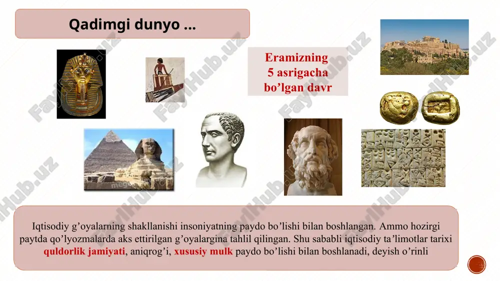 sinfiy tabaqalanish. qadimgi sharqdagi iqtisodiy gʼoyalar dastlab quldorlik jamiyati sharqda, sinfiy ajralish boshlangan joylarda, mesopotamiya (tigr va yefrat daryolari oraligʼida) va misrda eramizdan avvalgi iv ming yillikda yuzaga keladi noib va aholi oʼrtasidagi munosabatlar toʼgʼrisida fikr yuritiladi; bu davrda sinfiy ajralish toʼla shakllanmagan; boshqaruv ishiga ishbilarmonlarni taklif etish (yuqori tabaqali yoki oddiy aholi boʼlishidan qatʼi nazar) kerak deyiladi. qadimgi misr mesopotamiya xususiy mulkchilik va tovar-pul munosabatlarining rivojlanishi; isyonlar va natural xoʼjalik asoslariga putur yetkazish mumkinligi tufayli sudxoʼrlikning cheklanshi; mustaqil ishlab chiqaruvchilar huquqlarining himoya etilishi; sudxoʼrlik miqdorining pulda 20, mahsulotda 33 foizdan ortiq boʼlmasligi. eng qadimgi qoʼlyozma (m.av. xxii asr) xammurapi qonunlari (m.a. 1792-1750 y.) qulchilikni mustahkamlash; qulchilik eng past tabaqalarga xos narsa ekanligi; «buyumning qiymati» muammosi; qiymat miqdorining «ish kunlari» bilan belgilanishi; ragʼbatlantirishning mehnat natijalariga mos ravishda belgilanishi. qadimgi hindistondagi iqtisodiy gʼoyalar «manu qonunlari» (m.av. iv-iii asrlar) qadimgi yodgorlik«artxashastra» (m.av. iv-iii asrlar oraligʼi) ijtimoiy mehnat taqsimotining, xukmronlik va boʼysunish institutlarining …