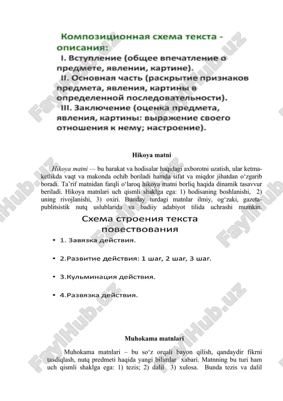 aqt va makonda ochib boriladi hamda sifat va miqdor jihatdan o‘zgarib boradi. ta’rif matnidan farqli o‘laroq hikoya matni borliq haqida dinamik tasavvur beriladi. hikoya matnlari uch qismli shaklga ega: 1) hodisaning boshlanishi, 2) uning rivojlanishi, 3) oxiri. bunday turdagi matnlar ilmiy, og‘zaki, gazeta-publitsistik nutq uslublarida va badiiy adabiyot tilida uchrashi mumkin. muhokama matnlari muhokama matnlari – bu so‘z orqali bayon qilish, qandaydir fikrni tasdiqlash, nutq predmeti haqida yangi bilimlar xabari. matnning bu turi ham uch qismli shaklga ega: 1) tezis; 2) dalil 3) xulosa. bunda tezis va dalil mantiqan va grammatik jihatdan bog‘langan bo‘lishi kerak. muhokamada ergashgan qo‘shma gaplar ishlatiladi. muhokama matnlari ilmiy, publitsistik, og‘zaki nutq turlarida, badiiy asarlarda uchraydi. xabar matni xabar matni — bu voqea-hodisa xarakteridagi axborotni uzatish, bunda voqea qayerda va qachon bo‘lgan, unda kim qatnashganligi aks etadi. bunday turdagi matnlar rasmiy-idoraviy, publitsistik, og‘zaki nutq uslublarida qo‘llaniladi. e’tibor bering! matn tuzilmasi har doim ham bir xilda bo‘lmaydi; …