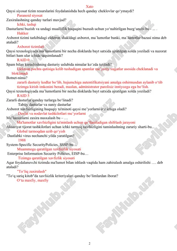 i j: fizik satx osi modelining ikkinchi satxi qanday nomlanadi j: kanal satxi osi modelining uchinchi satxi qanday nomlanadi j: tarmoq satxi osi modelining oltinchi satxi qanday nomlanadi j: taqdimlash satxi osi modelining yettinchi satxi qanday nomlanadi j: amaliy satx osi modelining qaysi satxlari tarmoqqa bog’liq satxlar hisoblanadi j: fizik, kanal va tarmoq satxlari osi modelining tarmoq satxi vazifalari keltirilgan qurilmalarning qaysi birida bajariladi j: marshrutizator osi modelining fizik satxi qanday funktsiyalarni bajaradi j: elektr signallarini uzatish va qabul qilish foydalanishna boshqarishda ma’lumot , resurs, jarayon nima vazifani bajaradi ? j: obyekt foydalanishni boshqarishda inson, dastur, jarayon va xokazolar nima vazifani bajaradi? j: subyekt simmetrik kriptotizimlarda ... jumlani davom ettiring j: shifrlash va shifrni ochish uchun bitta va aynan shu kalitdan foydalaniladi simmetrik kalitli shifrlash tizimi necha turga bo’linadi. j: 2 turga axborotning eng kichik o’lchov birligi nima? j: bit ko‘z pardasi, yuz tuzilishi, ovoz tembri-: bular autentifikatsiyaning qaysi faktoriga …