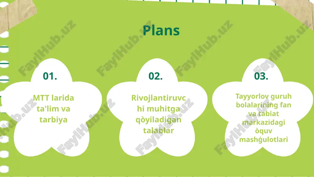 lari. 3. zamoniviy o'quv materiallari va resurslari. 4. o'yin va faoliyat orqali o'qitish usullari. mtt larida ta'lim va tarbiyani baholash ta'lim va tarbiyani baholash, bolalar uchun muhim jarayon bo'lib, bu ularning o'sishi va rivojlanishini yanada yaxshilash maqsadida amalga oshiriladi. baholash, ta'lim jarayonining samaradorligini aniqlash va bolalarning ehtiyojlarini yanada yaxshiroq tushunish imkonini beradi. baholash usullari: 1. kuzatuv baholash - bolalarning faoliyatini kuzatish va ularning rivojlanishini baholash. 2. standartlashtirilgan testlar - ma'lum bir standartlarga asoslangan testlarni o'tkazish. 3. portfel baholash - bolalarning ishlarini to'plab, ularni baholash. natijalar va ularni tahlil qilish: 1. baholash natijalari ta'lim jarayonini yaxshilash uchun foydalaniladi. 2. natijalar asosida o'qituvchilar ta'lim strategiyalarini o'zgartirishlari mumkin. 3. baholash natijalari ota-onalarga bolalarning rivojlanishini kuzatishga yordam beradi. rivojlantiruvchi muhitning asosiy elementlari rivojlantiruvchi muhitning asosiy elementlari bolalar tarbiyasida muhim ahamiyatga ega. bu slide muammo va imkoniyatlar, shuningdek rivojlantiruvchi muhitning tarkibiy qismlarini ko‘rsatadi. muammo va imkoniyatlar 1. ta'lim tizimida mavjud muammolar: o'qituvchilar tayyorgarligi, infratuzilma yetishmasligi, …