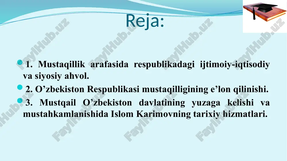 avlat mustaqilligini e’lon qiladi mustaqillik deklaratsiyasining qabul qilinishi mamlakatimizning tom ma’nodagi, haqiqiy mustaqillikka erishish yo‘lida muhim ahamiyatga ega bo‘ldi. shundan e’tiboran mamlakatimizning siyosiy, iqtisodiy va ma’naviy hayotiga doir masalalar mustaqil tarzda hal etila boshlandi. o‘zbekistonning mustaqillik sari intilayotgani uning yangi ittifoq shartnomasini ishlab chiqish jara-yoniga respublika manfaati nuqtayi nazaridan kelib chiqqan holda, qat’iylik bilan yondashayotganida yaqqol namoyon bo‘ldi. 1991 yil aprelda kiyevda ukraina, rossiya, belarus, o‘zbekiston, qozog‘iston respublikalari rahbarlarining uchrashuvi bo‘ldi. uchrashuvda mustaqil respublikalar manfaatlariga mos keladigan ittifoq shartnomasini tuzishga yondashish yo‘llari ishlab chiqildi va tegishli bayonot imzolandi. bu hujjatni qirg‘iziston, tojikiston, turkmaniston respublikalari ham imzolashga rozilik bildirdi. markaz yon berishga majbur bo‘ldi. 1991 yil aprelda novo-ogoryovoda sssr prezidenti m.s.gorbachyovning 9 respublika rahbarlari bilan uchrashuvi bo‘ldi. ishtirokchilar tomonidan „mamlakatdagi vaziyatni bar-qarorlashtirish va tanglikni bartaraf etishga doir kechiktirib bo‘lmaydigan choralar to‘g‘risida qo‘shma bayonot“ imzolandi. bu hujjat “9+1” (9 respublika + markaz) degan nomni oldi. uning mazmuni markazning yon berganini, kiyevda bildirilgan …