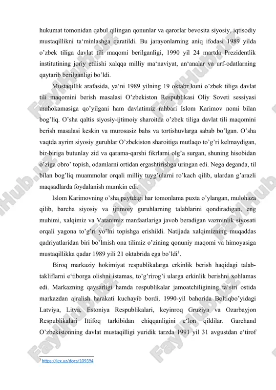 zidentlik institutining joriy etilishi xalqqa milliy ma‘naviyat, an‘analar va urf-odatlarning qaytarib berilganligi bo’ldi. mustaqillik arafasida, ya‘ni 1989 yilning 19 oktabr kuni o’zbek tiliga davlat tili maqomini berish masalasi o’zbekiston respublikasi oliy soveti sessiyasi muhokamasiga qo’yilgani ham davlatimiz rahbari islom karimov nomi bilan bog’liq. o’sha qaltis siyosiy-ijtimoiy sharoitda o’zbek tiliga davlat tili maqomini berish masalasi keskin va murosasiz bahs va tortishuvlarga sabab bo’lgan. o’sha vaqtda ayrim siyosiy guruhlar o’zbekiston sharoitiga mutlaqo to’g’ri kelmaydigan, bir-biriga butunlay zid va qarama-qarshi fikrlarni olg’a surgan, shuning hisobidan o’ziga obro’ topish, odamlarni ortidan ergashtirishga uringan edi. nega deganda, til bilan bog’liq muammolar orqali milliy tuyg’ularni ro’kach qilib, ulardan g’arazli maqsadlarda foydalanish mumkin edi. islom karimovning o’sha paytdagi har tomonlama puxta o’ylangan, mulohaza qilib, barcha siyosiy va ijtimoiy guruhlarning talablarini qondiradigan, eng muhimi, xalqimiz va vatanimiz manfaatlariga javob beradigan vazminlik siyosati orqali yagona to’g’ri yo’lni topishga erishildi. natijada xalqimizning muqaddas qadriyatlaridan biri bo’lmish ona tilimiz o’zining qonuniy …