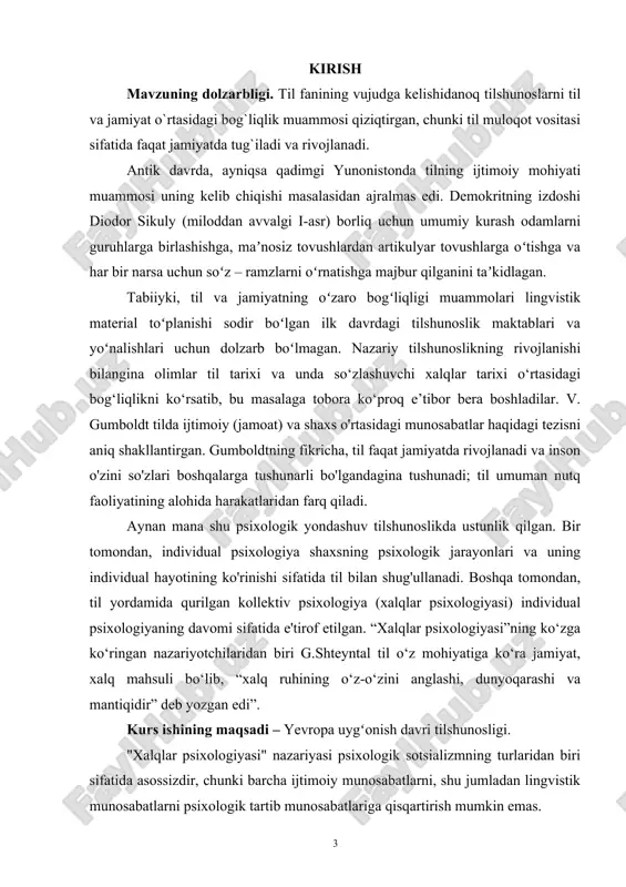yondashuv tilshunoslikda ustunlik qilgan. bir tomondan, individual psixologiya shaxsning psixologik jarayonlari va uning individual hayotining ko'rinishi sifatida til bilan shug'ullanadi. boshqa tomondan, til yordamida qurilgan kollektiv psixologiya (xalqlar psixologiyasi) individual psixologiyaning davomi sifatida e'tirof etilgan. “xalqlar psixologiyasi”ning ko‘zga ko‘ringan nazariyotchilaridan biri g.shteyntal til o‘z mohiyatiga ko‘ra jamiyat, xalq mahsuli bo‘lib, “xalq ruhining o‘z-o‘zini anglashi, dunyoqarashi va mantiqidir” deb yozgan edi”. kurs ishining maqsadi – yevropa uygʻonish davri tilshunosligi. "xalqlar psixologiyasi" nazariyasi psixologik sotsializmning turlaridan biri sifatida asossizdir, chunki barcha ijtimoiy munosabatlarni, shu jumladan lingvistik munosabatlarni psixologik tartib munosabatlariga qisqartirish mumkin emas. mashhur rus tilshunosi i.a. bouden de kurteney tilda shaxs va ijtimoiy qarama-qarshilikdan qochishga harakat qildi. uning aytishicha, shaxs faqat jamiyatda lingvistik jihatdan rivojlanishi mumkin. agar shunday bo'lsa, unda til chinakam mavjud hodisa sifatida jamoaviy-individual hodisa bo'lishi kerak. shunday qilib, til va jamiyat o'rtasidagi bog'liqlik haqida ikkita fikr mavjud edi: 1) til faqat jamiyatda mavjud 2) til ichida ham ijtimoiy, …