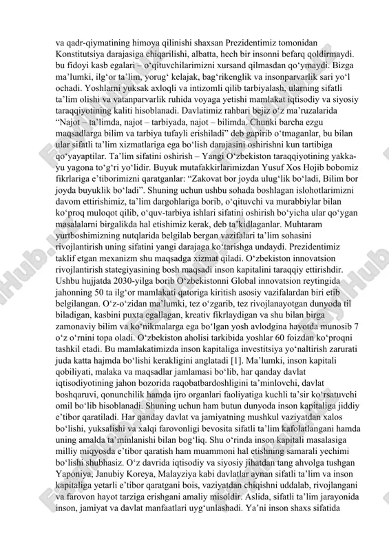 h, o‘qituvchi maqomini ulug‘lash, ularning huquqlari davlat himoyasida ekanligi, ulrning kasbiy faoliyatiga noqonuniy aralashuv, boshqa ishlarga jalb qilish javobgarlikga sabab bo‘lishi qat’iy belgilandi, yoshlarning ta’limiga e’tibor berish haqidagi fikrlar qonun bilan mustahkamlandi. 6 darhaqiqat, o‘qituvchilarni turli ishlarga jalb qilish o‘z faoliyati bilan shug‘ullanishga imkon bermaslik o‘qituvchilarning ruhiyatining tushib ketishiga sabab bo‘lgan edi. nafaqat bu o‘qituvchilar yillar davomida ta’lim bilan bog‘liq bo‘lmagan ishlar bilan shug‘ullanishi o‘qituvchi kasbining obro‘yini tushib ketishiga, ushbu kasbni iqtidorli yoshlarimiz tanlamay qo‘yishiga sabab bo‘lgani sir emas. mana keyingi yillar mobaynida bu holatlar sekin-asta yo‘qotilib o‘qituvchi yana eng obro‘li shaxsga aylantirilmoqda. uning maqomini tiklash masalasi davlat siyosati darajasiga ko‘tarilishi tubdan bu kasbga bo‘lgan munosabatning o‘zgarishiga olib kelmoqda. o‘qituvchining faoliyati, uning sha’ni va qadr-qiymatining himoya qilinishi shaxsan prezidentimiz tomonidan konstitutsiya darajasiga chiqarilishi, albatta, hech bir insonni befarq qoldirmaydi. bu fidoyi kasb egalari – o‘qituvchilarimizni xursand qilmasdan qo‘ymaydi. bizga ma’lumki, ilg‘or ta’lim, yorug‘ kelajak, bag‘rikenglik va insonparvarlik sari yo‘l ochadi. …