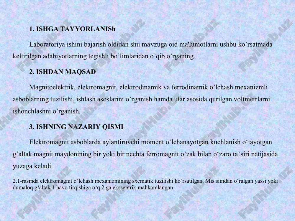 anda g‘altak induktivligi o‘zgaradi, ya’ni (2.1) ga ko‘ra:   d dl i d dw m em ayl 2 2 1   . (2.2) 2 . 1 – rasm. elektromagnit o‘lchash mexanizmining sxematik tuzilishi statik muvozanat t ayl m m  shartiga ko‘ra, asbob harakatlanuvchi qismining burchak siljishi aylantiruvchi va teskari ta’sir etuvchi momentlarning tenglik shartidan aniqlanadi: w i d dl    2 2 1 yo ki 2 2 1 i d dl w    . (2.3) so’nggi ifodadan ko‘rinib turibdiki, elektromagnit asbob darajasi notekis, ya’ni o‘lchanayotgan kattalik bilan ko‘rsatkich og‘ish burchagi o‘rtasidagi bog‘lanish chiziqli emas. qo‘zg‘aluvchan o‘zak shaklini tanlab, asbob darajasini uning yuqori chegara qiymatining 15 - 20 % idan boshlab tekisligini ta’minlash mumkin. elektromagnit asbob o‘zgaruvchan tok zanjirlarida qo‘llanilganda, asbobning metall qismlarida uyurmaviy toklar hosil bo‘ladi va ularnin g maydoni g‘altak magnit maydonini birmuncha kamaytirishi natijasida xatolik yuzaga keladi. elektromagnit asboblar sezgirligi magnitoelektrik …