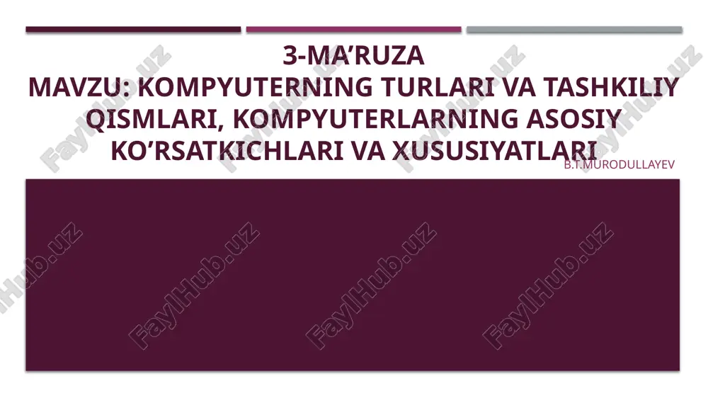 tes = 20 kbytes size has fast memory . 40 bits each _ the word is 20 bits two from the command or 40 bits long sign all sondan consists of to be possible was . 20 bits each _ 8 bits of the command of the command type - that is add ( add ), multiply ( sub ), multiply ( mul ), copy such as write ( mov ) from commands one command _ _ the remaining 12 bits esa from 4096 words in memory one address for service did _ hozirda ishlab chiqarilayotgan kompyuterlarning qurilish asoslarini o‘zida mujassam etgan dastlabki kompyuterlardan biri, bu 1952 yili jon fon neyman tomonidan ishlab chiqilgan va birinchi avlod kompyuterlariga mansub bo‘lgan - ias (immediate address storage) «to‘g‘ridan-to‘g‘ri adreslanuvchi xotira» degan nomga ega kompyuterdir. bu kompyuterning arxitekturasini 1-rasmda keltirilgan chizma asosida tushuntirish mumkin. fon neyman kompyuteri beshta asosiy qismlardan iborat: xotira, arifmetik-mantiqiy …