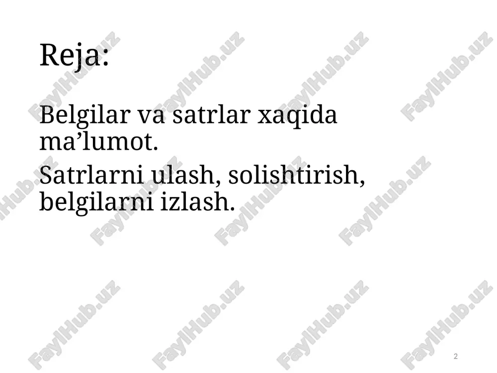 aks holda funksiya argumentini qaytaradi katta xarflarni kichigiga amashtirish 7 toifalarni o'zgartiruvchi funktsiyalar quyida keltirilgan funktsiyalar satrlarni butun yoki haqiqiy sonli tiplarga o'zgartirish uchun mo'ljallangan. bu funktsiyalarni ishlatish uchun stdlib.h sarlavha faylini dasturga qo'shish kerak bo'ladi. 8 funktsiya prototipi funktsiya tasnifi double atof(const char * c) c satrini haqiqiy sonli toifaga o'zgartiradi int atoi(const char * c) c satrini butun sonli int toifaga o'zgartiradi long atol(const char * c) c satrini butun sonli long toifaga o'zgartiradi long long atoll(const char * c) c satrini butun sonli long long toifaga o'zgartiradi char * itoa(int n, char * satr, int radix) n sonini radix sanoq sistemasida satr o'zgaruvchisiga o'zlashtiradi satrni xaqiqiy butun songa aylantirish 9 c++ tili satrlarni yaratish va ularni boshqarish uchun standart satr klassini ishlatadi. satrlar bilan amallar bajarilayotganda kerakli hotira maydoni avtomatik ajratiladi yoki o’zgartiriladi. dasturchi ichki hotirani taqsimlash haqida qayg’urmasa ham bo’ladi chunki bu kompilyator tomonidan bajariladi. qatorlarni …