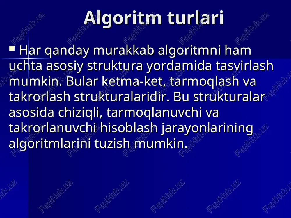jarayonlarini qarash mumkin. quyidagi yig‘indini hisoblash algoritmini tuzaylik. algoritmning so`zlar yordamida tasvirlanishi n –berilgan bo‘lsin, i0 berilsin, s0 berilsin, ii1 hisoblansin, ssi hisoblansin, i<n tekshirilsin va bu shart bajarilsa, 4-satrga qaytilsin, aks holda keyingi qatorga o‘tilsin, s ning qiymati chop etilsin. rekurrent algoritmlar hisoblash jarayonida ba’zi bir algoritmlarning o‘ziga qayta murojaat qilishga to‘g‘ri keladi. o‘ziga–o‘zi murojaat qiladigan algoritmlarga rekkurent algoritmlar yoki rekursiya deb ataladi. bunday algoritmga misol sifatida fibonachchi sonlarini keltirish mumkin. ma’lumki, fibonachchi sonlari quyidagicha aniqlangan. misol a0=a1=1, ai=ai-1+ai-2 i=2,3,4,…. bu rekkurent ifoda algoritmiga mos keluvchi blok-sxema quyidagi rasmda keltirilgan. eslatib o‘tamiz formuladagi i -indeksga hojat yo‘q, agar fibonachchi sonining nomerini ham aniqlash zarur bo‘lsa, birorta parametr-kalit kiritish kerak bo‘ladi. fibonachchi sonlarining n - hadini hisoblash algoritmi (boshlash / kiiiladigan j ymatler /_]] & aamal | b amal î í ì < - ³ = 0 x agar x 0 x agar x y 2 2 å = = …