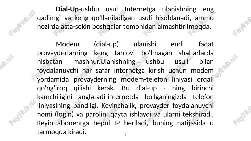 ast sifati (ulanishning tez - tez uzilishi, kirish juda qiyin bo'lishi mumkin). modem ulanishi bilan ta'minlangan tezlikda internetdan katta fayllarni - videolarni, katta dasturlarning tarqatilishini va boshqalarni yuklab olish deyarli mumkin emas. modem kabelidan foydalanish 3 ma'lumotlar uzatish tezligi 50 mbit/s gacha modem kabelidan foydalangan holda analog telefon tarmog'i orqali kirishni tashkil qilish uchun mo'ljallangan raqamli abonent liniyalari oilasi. dial-up-internetga kirish shaklidir. internetga kirish ning imkoniyatlaridan foydalanadigan umumiy kommutatsiya qilingan telefon tarmog'i (pstn) ga ulanishni o'rnatish internet-provayder (isp) an'anaviy telefon liniyasida telefon raqamini terish orqali. dial-up ulanishlari yo'riqnoma yoki kompyuterga yuborish uchun audio signallarni ma'lumotlarga dekodlash va provayderdagi boshqa modemga yuborish uchun so'nggi ikkita qurilmadan signallarni kodlash uchun modemlardan foydalanadi. dial-up telefon liniyasida turli xil operator signallariga ruxsat berish texnologiyasi bo'lmaganligi sababli, dial-up internetga kirish audio aloqadan foydalanishga asoslangan edi. modem raqamli ma'lumotlarni kompyuterdan olib, uni audio signalga aylantiradi va qabul qiluvchi modemga yuboradi. ushbu qabul qiluvchi modem analog shovqindan …
