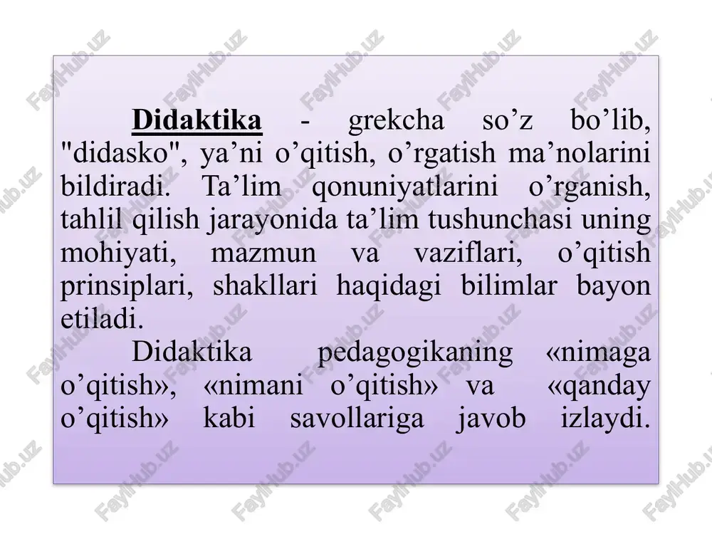 a tegishli bo’lishi kerakligini o’yladim»— degan edi komenskiy. maktabni tugatgach xorborni universitetiga (germaniyada) o’qishga kiradi, uni tugatgach geydelberg universitetida ma’ruza kursini tinglaydi, bu universitetda o’sha davrda ilg’or professorlar ishlardi. komenskiy avstriya, gollandiyada bo’lib iqtisodiy, siyosiy va madaniy turmushni o’rganadi. shuningdek, o’zining ilmi va dunyoqarashini kengaytiradi. «buyuk didaktika» asarida «pan sofiya g’oyasini» (pan gerkcha — butun, hamma, sofiya — donolik, aqllilik) hamma narsani bilish, hamma uchun bilim berish» demakdir. pan sofiyada u tabiat va jamiyat bilimlarining yig’indisini beradi. maktab — bu muassasa, u yerda «hammani har narsaga o’rgatmoq kerak» degan fikr ko’p marta takrorlanishini ko’ramiz. komenskiy o’zining «buyuk didaktika» asarida maktabda o’qitish tizimini amalga oshirishda quyidagi didaktik tamoyillarga amal qilishni tavsiya etadi. 1.ko’rsatmalilik tamoyili; 2.onglilik tamoyili; 3.izchillik va tizimlilik tamoyili; 4.mashq qilish, bilim va malakalarni puxta egallash tamoyillari. ta’lim jarayoni- ma’lumot mazmuni hamda unga oid faoliyat usullarini o’quvchilarning o’zlashtirishi uchun o’qitish va o’qish faoliyatlarining real aloqalashuvi, sababiyatli bog’lanishi, bir-biriga muvofiqlashuvi asosida …