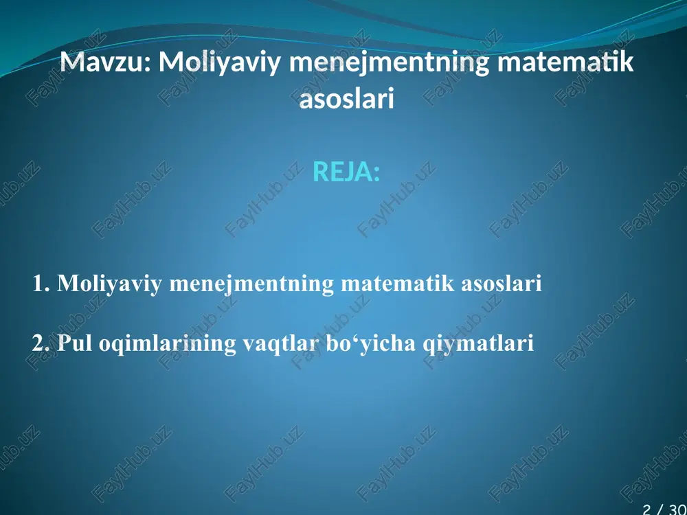 b borish metodining iqtisodiy mazmuni operatsiyalarni amalga oshirish natijasida dastlabki summaga qoʻshimcha ravishda olinadigan yoki olinishi mumkin boʻlgan summa miqdorini aniqlashni anglatadi. boshqacha aytganda oʻsib borish metodi ma’lum bir n vaqtlar uchun belgilangan r foiz stavkasidan kelib chiqqan holda joriy qiymat (pv)ning kelgusidagi qiymatini aniqlash imkonini beradi. bunda foydalaniladigan r stavka ba’zida oʻsish stavkasi deb ataladi. diskontlash tushunchasi pul mablagʻlarini joylashtirish jarayonida kelgusida ma’lum bir belgilangan summani olish (egalik qilish) uchun joylashtirish talab etiladigan pul mablagʻi miqdorini aniqlashni oʻzida aks ettiradi. oddiy foizlarda pul mablagʻlarining vaqt boʻyicha qiymatini aniqlash qoidaga koʻra oddiy foizlardan qisqa muddatli, bir yil yoki undan kam muddatlarda oʻtkaziladigan moliyaviy operatsiyalarda qoʻllaniladi. bunday holatda har bir bir davr uchun foiz hisoblashda baza sifatida shartnomadagi dastlabki summa olinadi. oddiy foizlar boʻyicha oʻsish hisoblanishi umumiy holda yillik oddiy foiz stavkalari boʻyicha mablagʻlar kelgusi qiymati quyidagi formula boʻyicha hisoblanadi: 𝐹𝑉 = 𝑃𝑉(1 + 𝑟 × 𝑛), bu yerda fv – …