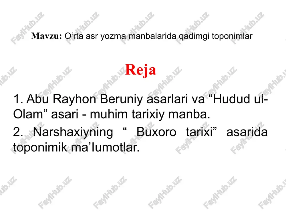 rga kechib o‘tadigon joy, xuroson viloyatida. tavovis - har yili bozor bo‘ladigon joy. xuroson viloyatida. barsxon - issiqko‘l yonida, bu (suvi) issiq ko'ldir. turkiston viloyatida abu rayhon beruniy “qonuni mas’udiy” asarida o 'rta osiyo shaharlarini jadval tarzida bergan va ular haqida toponimik ma’lumotlar berilgan. jumladan, toshkent bunday deyilgan: “binkat - shosh shaharlaridan biri, turkiycha toshkent. bundan tashqari, quyidagi hududlar ham asarda turlicha nomlangan: baykand (poykand) - buxorodan janubi-g'arbda joylashgan shahar. hozirgi yakkatut stansiyasi yonidagi harobalar. u badzarubayi deb ham atalgan. kesh (kitob va shahrisabz) - forscha ma’jamat deb yuritilgan. sutkent - xasart daryosi bo'yidagi shahar. qariyat al-hadisa - hasart daryosining quyilishi yonida, xorazm ko‘li yonida, g ‘uzlar viloyati. yangikent - sirdaryo etaklarida (hozirgi kazalinsk shahri ro‘parasida, daryoning chap tom onidagi harobalar). yangikent - turkiylarda janikent, arablarda "qariyat al-hadisa” (qariyat - qishloq, hodisa - yangi ya’ni “yangi qishloq”) va “madinat al-jadida” (madina - shahar. jadida - yangi. ya’ni yangi shahar) tojiklar …