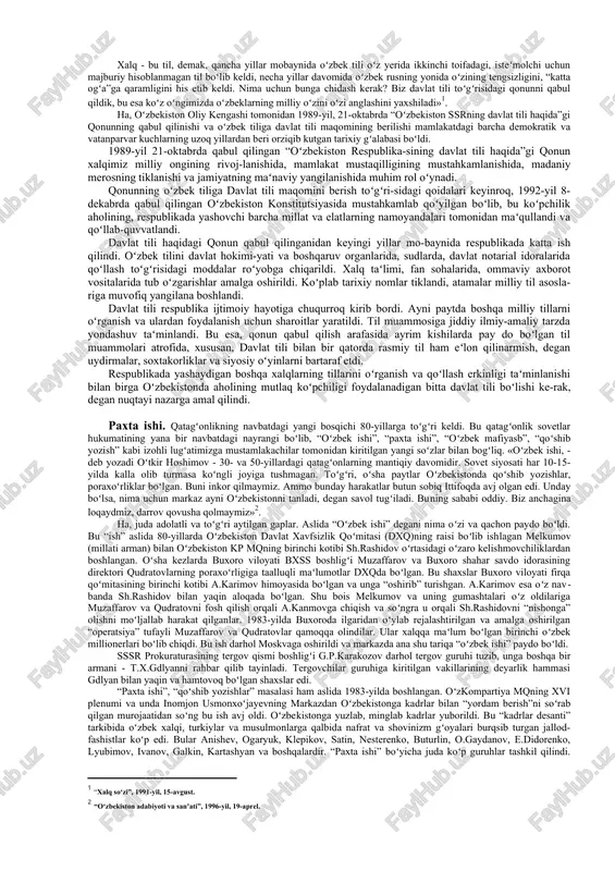 iridan mustaqil ikki yoʻnalishda olib borilgan. birinchisi. diniy-islomiy yoʻnalishda boʻlsa, ikkinchisi umummaʻrifiy-siyosiy va demokratik yoʻnalishdadir. bu har ikkala yoʻnalishning umum​inushtarak maqsad yoʻlida mustaqillik uchun kurashda birlashib harakat qilmaganligi, koʻp hollarda esa ikkinchi darajali muammo va masalalar atrofida kelisholmasdan biri-birini inkor etib kelganligi har ikkala yoʻnalishning ham zaif tomonlaridan boʻlib, undan mustam​lakachi kuchlar ustalik bilan foydalanganlar. 80-yillarda ham bu jaravonda aytarlik oʻzgarishlar boʻlgan emas. sovetlar va kommunistik firqa islom diniga qarshi “din xalq uchun afyundir” degan qoidani asos qilib oldi, milliy qadriyatlarimizga qarshi tinimsiz kurashdi. i.b.usmonxoʻjayev oʻzkp xxi syezdida hisobot maʻruzasida bunday degan edi: «namangan viloyatida noxush diniy vaziyat hamon davom etib kelmoqda. shu viloyatning shahar va rayonlarida roʻyxatga olinmagan diniy birlashmalar qonunga xilof ravishda ish koʻrib kel​moqda, oʻsmirlar va ayollarga gruppa-gruppa qilib diniy aqidalarni oʻrgatish faktlari aniqlandi. oʻzbekiston milliy mustaqilligi uchun kurashning ikkinchi yoʻnalishi - umummaʻrifiy harakat, siyosiy va demokratik erkinliklar uchun kurash tarafdorlaridir. bu yoʻnalishning asosini oʻzbekiston ziyolilarining ilgʻor …