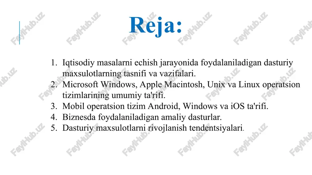 . qisqacha qilib aytganda operatsion tizim foydalanuvchi va qurilma oʼrtasidagi muloqotni taʼminlab beradigan vositadir. operatsion tizimlardan eng taniqlilari bu microsoft firmasining ms-dos, windows operatsion tizimlari, apple firmasining macintosh – macos operatsion tizimi, unix va linux operatsion tizimlari. operatsion tizimlarning asosiy vazifalariga: fayl tizimini boshqarish (yozish, o’zgartish, fayllardan nusxa ko’chirish, erkin foydalanishni nazorat qilish); dasturlar bajarilishini boshqarish(protsessor vaqtini taqsimlash, dasturlarni diskdan tezkor xotiraga yuklash, yashirin xavfli ta`sirni tutib olish va h.q.); xotirani boshqarish (keshlash, taqsimlash, ma`lumotlar butligi nazorati va h.k.); foydalanuvchi bilan muloqot (klaviaturadan, sichqonchadan buyruqlarni o’qish, axborotni ekranga, printerga chiqarish va h.k.)kiradi. operatsion tizim funksiyalari. operatsion tizim (ot) tushunchasi qisqacha izohlanadigan bo‘lsa, bu boshqaruv dasturidir. os bu kompyuterning fizik va dasturiy resurslarini taqsimlash va ularni boshqarish uchun ishlatiladigan dastur. kompyuter resurslari ikki xil: fizik va dasturiy resurslarga bo'linadi. fizik resurslarga: xotira; vinchester; monitor; tashqi qurilmalar; va shu kabilar kiradi. dasturiy resurslar bu: kiritish va chiqarishni boshqaruvchi dasturlar; kompyuter ishlashini ta’minlaydigan …