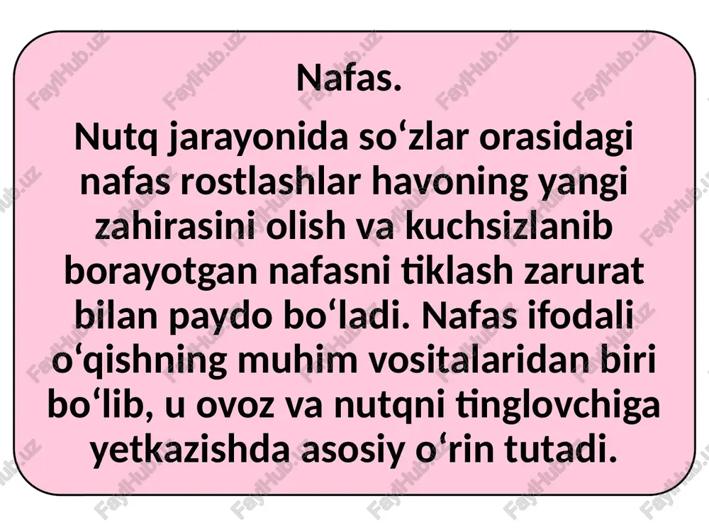inomxo‘jayev, a.zunnunovlar tomonidan yaratilgan “ifodali o‘qish asoslari” o‘quv qo‘llanmasida nafas faoliyatini yaxshilash uchun quyidagi besh xil nafas mashqi tavsiya qilinadi: 1.kontrol mashq. bu nafasning diafragmal-aralash usulda to‘g‘ri olinishini nazorat qilish maqsadida o‘tkaziladigan mashqdir. uni o‘tkazishda tik va erkin turib, ikki qo‘l bilan ikki (oxirgi) qovurg‘ani bosib, ohista, chuqur nafas olinadi va yana asta-sekin nafas chiqariladi. bunda ko‘krak qafasi va yelka ko‘tarilmaydi. chuqur nafas yetimcha qovurg’a ustiga qo‘yilgan qo‘lni ikki yonga ko‘taradi. mashq yaxshi o‘zlashtirilgunga qadar muntazam davom ettiriladi. 2. qorinni tortish mashqi. bu mashq chuqur nafas olib, o'pka havo bilan to‘ldirilgach, nafasni chiqarmay, “ushlab” turgan holda, qorinni yuqoriga tortish mashqidir. mashq qorinni tortib turish ko‘nikmasi hosil bo'lgunga qadar davom ettiriladi. 3.sanash mashqi. bu diafragmal usulda nafas olib, erkin turgan holda, erkin ovoz bilan birdan beshgacha (1,2, 3,4, 5 deb) sanash mashqidir. birdan beshgacha sanalgach, nafas olinadi va mashq yana davom ettiriladi. keyin sanoq 10 gacha, 15, 20, 25 largacha oshirib …