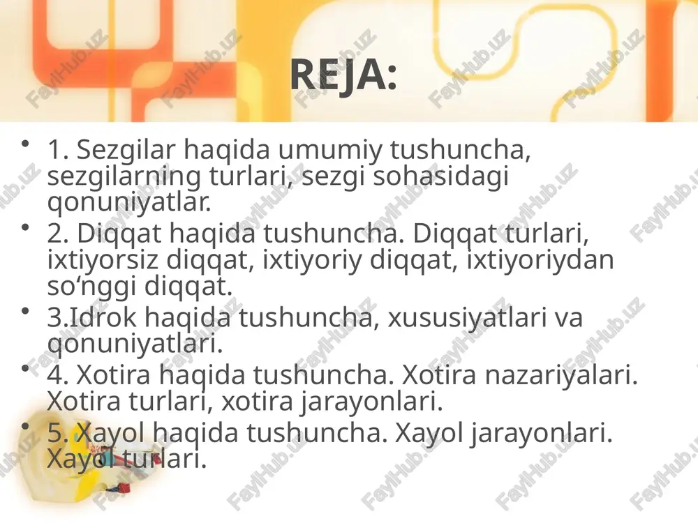 arkazdan qochuvchi) nervlar; analizatorning periferik bo’limlaridan keladigan nerv signallarining qayta ishlanishi sodir bo’ladigan qobiq osti va qobiq bo’limlari. sezgi organlari 4 ko‘rish 1 2 3 5 eshitish hid bilish ta’m bilish teri orqali sezish analizatorlar teri bilan sezish hid bilish eshitish ta’m bilish ko‘rish sezgi hosil bo‘lishi bosh miya yarimsharlari po‘stlog‘idagi nerv markazlari bilan bog‘liq. sezgi organlari organlar faoliyatini nazorat qilib va boshqarib turadi. ko’rish sezgilari insonlar tomonidan rang va yoruqlikni sezish ko’rish sezgilari orqali amalga oshadi va seziladigan ranglar xromatik va axromatik turlarga bo’linadi. inson ko’zini to’r pardasida 130 millionga yaqin tayoqchalar va kolbachalar deb ataladigan maxsus nerv hujayralari mavjuddir. inson ko’zining to’r pardasida 130 millionga yaqin tayoqcha va 7 millionga yaqin kolbacha bor deb taxmin qilinadi. kolbachalar yordami bilan xromatik, ya'ni kunduzgi ranglar ko’riladi. tayoqchalar yoruqlikni yaxshi sezuvchan bo’lib, xira va qorong’u paytlarda o’z funksiyasini bajaradi, axromatik ranglarni aks ettiradi. eshitish sezgilari eshitish sezgilari tovushlarni eshitishdan iborat bo’lib, …