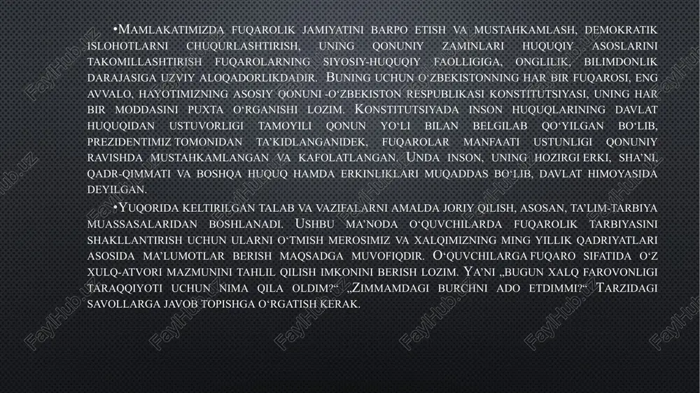 ituvchilar jamoasiningsaviyasigabog‘liq. tarbiyaviy ishning rejali, uzluksiz, tizimli bo‘lishiga erishish katta ahamiyat kasbetadi. oila, maktab va mahallalarda o‘zaro hamkorlik va hamjihatlikning yuzaga kelishi fuqarolik tarbiyasi muvaffaqiyatini ta’mnnlaydi. 5. o‘quvchilarni axloqiy va huquqiy me’yorlarga hamda umumiy tartibga rioya qilishga o‘rgatish va hokazo. fuqarolik tarbiyasini tashkil etishda suhbat-munozara, ma’ruza, bahslardan foydalanish, mashq, test, anketa savollariga javob olish kabilar yuksak natijalarga olib keladi. fuqarolik tarbiyasida uning natijasini hisobga olish muhim ahamiyatga ega. bunda bolaning tarbiyalanganlik darajasi asos qilib olinadi. ushbu maqsadda diagnostika (tashxis qo‘yish), statistik, qiyosiy tahlilni o‘tkazish lozim. fuqarolik tarbiyasining tashkil etilishi natijasida kamol top-gan fuqaro o‘zida quyidagi sifatlarni namoyon eta olishi lozim:— fuqarolik burchini bajara olishi (o‘z vatani, xalqi, ota-onasi oldidagi qarzni his eta olishi) qobiliyatiga egalik; — milliy g‘urur va ma’rifatparvarlik tuyg‘usiga ega bo‘lish;— davlat konstitutsiyasi, davlat hokimiyati organlari, mamlakat prezidenti hamda davlat ramzlari (gerb, bayroq va madhiya)ga nisbatan hurmatda bo‘lish;— mamlakat taqdiri va istiqboli uchun javobgarlik, mas’ullik;— ijtimoiy-huquqiy hamda axloqiy …