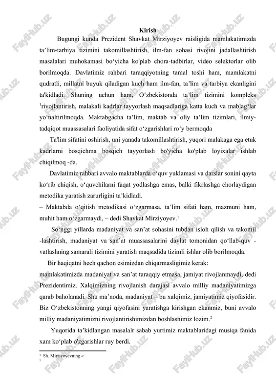 hiqarmasligimiz kerak: mamlakatimizda madaniyat va san’at taraqqiy etmasa, jamiyat rivojlanmaydi, dedi prezidentimiz. xalqimizning rivojlanish darajasi avvalo milliy madaniyatimizga qarab baholanadi. shu ma’noda, madaniyat – bu xalqimiz, jamiyatimiz qiyofasidir. biz o‘zbekistonning yangi qiyofasini yaratishga kirishgan ekanmiz, buni avvalo milliy madaniyatimizni rivojlantirishimizdan boshlashimiz lozim.[footnoteref:2] [2: ] yuqorida taʼkidlangan masalalr sabab yurtimiz maktablaridagi musiqa fanida xam koʻplab o'zgarishlar ruy berdi. jumladan: - musiqa darsliklari o'zbek milliy musiqalari asosida qaytatdan 7-yillik tizimda chop etilib o'zimizning madaniy merosimiz boʻyicha ozgartirildi. - maktab bitiruvchilarining attestat varaqalariga qanday soz chalishni bilishi grafalari qo'shildi. bundan koʻrinib turibdiki musiqa madaniyati o'qituvchilariga xam yuqori darajadagi talab va vazifalar yuklatildi. ularga zamonaviy texnologiyalardan unumli foydalana olish, jahon ta'lim standartlariga qolaversa dts talablariga mos ravishda usul va uslublardan foydalana bilish, o'quvchilarga milliylik ruhini mumtoz musiqalar, musiqa darslari orqali singdirish lozimligi yuklatilmoqda dolzarbligi: yosh avlodni milliy ruhda tarbiyalash, vatanga, ota-bobolarga milliy mumtoz musiqamizga hurmat va ehtiromimni oʻstirishda musiqa oʻqitish metodikasida ko'rgazmali prinsipdan foydalana …