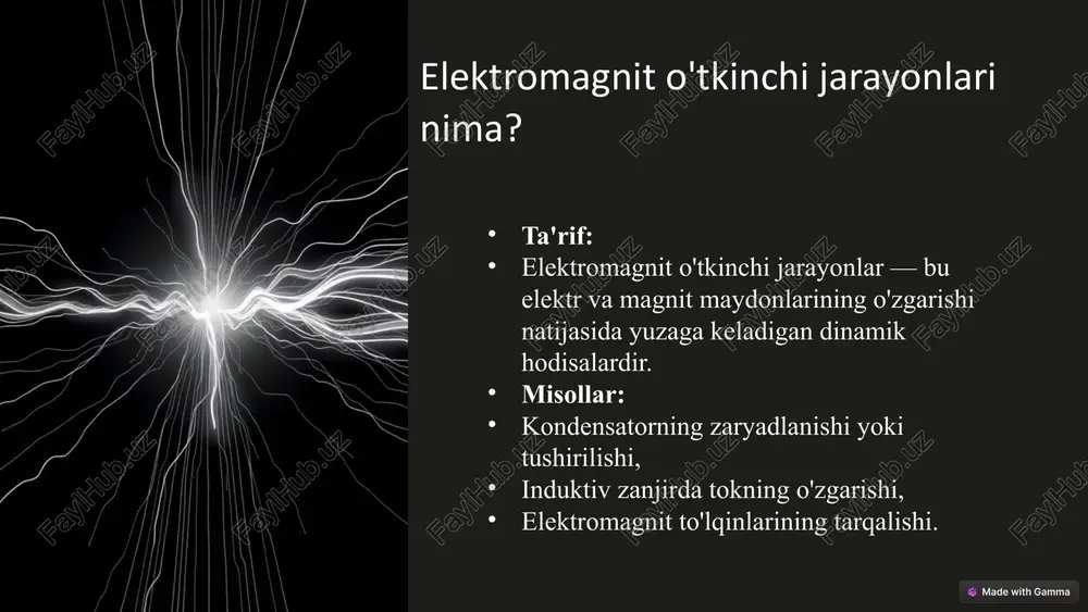 u jarayonlar dinamik tasvirlanadi. misollar: induktiv zanjirda tokning o'zgarishi (lenz qonuni), kondensatorning zaryadlanishi va tushirilishi, elektrotexnikada impulsli kuchlanishlar. 5 elektromagnit o'tkinchi jarayonlarining amaliy qo'llanilishi telekommunikatsiya: elektron qurilmalarda elektromagnit o'tkinchi jarayonlar yordamida signal uzatish va qabul qilish amalga oshiriladi. elektronika: yangi texnologiyalarni ishlab chiqishda elektromagnit o'tkinchi jarayonlarning o'rni katta (masalan, yuqori chastotali qurilmalar). quvvat tizimlari: elektr energiyasining uzatishda va tarqatishda elektromagnit o'tkinchi jarayonlarning ta'siri. 6 elektromagnit o'tkinchi jarayonlarni o'rganishdagi muammolar murakkab tizimlar: o'tkinchi jarayonlarni tahlil qilishda analitik yechimlar ko'pincha mavjud bo'lmaydi, shuning uchun raqamli simulyatsiyalar va kompyuter yordamida modellashishga ehtiyoj bor. kvant mexanika: yuqori chastotali va energiyali o'tkinchi jarayonlarni o'rganishda kvant mexanika usullarini qo'llash zarurati tug'iladi. 7 o'tkinchi jarayonlar bilan bog'liq hodisalar o'tkinchi jarayonlar bilan bog'liq hodisalar tizimning vaqtinchalik barqarorlikdan chiqishi va qaytib kelishi bilan bog'liq bo'lgan holatlar hisoblanadi. ushbu jarayonlar elektr, elektronika va mexanika tizimlarida ko'p uchraydi va quyidagi asosiy hodisalarni o'z ichiga oladi: tez o'chish (damping): ta'rifi: o'tkinchi jarayonda …