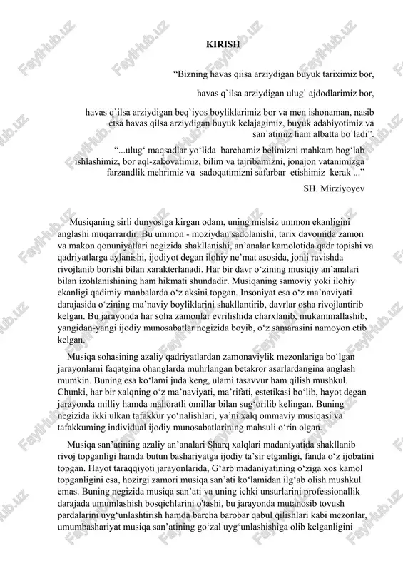 akror asarlardangina anglash mumkin. buning esa ko‘lami juda keng, ulami tasavvur ham qilish mushkul. chunki, har bir xalqning o‘z ma’naviyati, ma’rifati, estetikasi bo‘lib, hayot degan jarayonda milliy hamda mahoratli omillar bilan sug‘orilib kelingan. buning negizida ikki ulkan tafakkur yo‘nalishlari, ya’ni xalq ommaviy musiqasi va tafakkuming individual ijodiy munosabatlarining mahsuli o‘rin olgan. musiqa san’atining azaliy an’analari sharq xalqlari madaniyatida shakllanib rivoj topganligi hamda butun bashariyatga ijodiy ta’sir etganligi, fanda o‘z ijobatini topgan. hayot taraqqiyoti jarayonlarida, g‘arb madaniyatining o‘ziga xos kamol topganligini esa, hozirgi zamori musiqa san’ati ko‘lamidan ilg‘ab olish mushkul emas. buning negizida musiqa san’ati va uning ichki unsurlarini professionallik darajada umumlashish bosqichlarini o'tashi, bu jarayonda mutanosib tovush pardalarini uyg‘unlashtirish hamda barcha barobar qabul qilishlari kabi mezonlar, umumbashariyat musiqa san’atining go‘zal uyg‘unlashishiga olib kelganligini e’tirof etish lozimdir. natijada, musiqa san’ati ijodiyotida g‘arb musiqa san’atiga intilish, o'xshatish, madaniyatiga ergashish kabi munosabatlar yuzaga keldi. har bir xalq o‘zining milliy musiqa san’ati bilan birgalikda, …