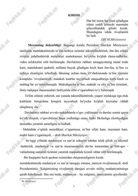 ʻzgarmaydi, – dedi shavkat mirziyoyev.¹ so‘nggi yillarda madaniyat va san’at sohasini tubdan isloh qilish va takomil -lashtirish, madaniyat va san’at muassasalarini davlat tomonidan qo‘llab-quv - vatlashning samarali tizimini yaratish maqsadida tizimli ishlar olib borilmoqda. bir haqiqatni hech qachon esimizdan chiqarmasligimiz kerak: mamlakatimizda madaniyat va san’at taraqqiy etmasa, jamiyat rivojlanmaydi, dedi prezidentimiz. xalqimizning rivojlanish darajasi avvalo milliy madaniyatimizga qarab baholanadi. shu ma’noda, madaniyat – bu xalqimiz, jamiyatimiz qiyofasidir. biz o‘zbekistonning yangi qiyofasini yaratishga kirishgan ekanmiz, buni avvalo milliy madaniyatimizni rivojlantirishimizdan boshlashimiz lozim.[footnoteref:2] [2: r.abdullaev baysun (traditsionnaya muzikalnaya kultura). t.: 2006] yuqorida taʼkidlangan masalalr sabab yurtimiz maktablaridagi musiqa fanida xam koʻplab o'zgarishlar ruy berdi. jumladan: - musiqa darsliklari o'zbek milliy musiqalari asosida qaytatdan 7-yillik tizimda chop etilib o'zimizning madaniy merosimiz boʻyicha ozgartirildi. - maktab bitiruvchilarining attestat varaqalariga qanday soz chalishni bilishi grafalari qo'shildi. bundan koʻrinib turibdiki musiqa madaniyati o'qituvchilariga xam yuqori darajadagi talab va vazifalar yuklatildi. ularga zamonaviy texnologiyalardan unumli foydalana olish, …