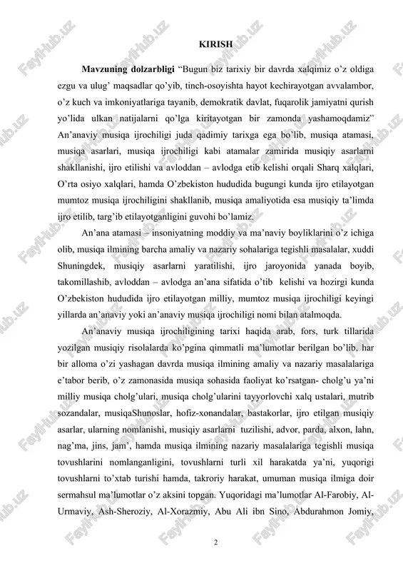 an bo’lib, har bir alloma o’zi yashagan davrda musiqa ilmining amaliy va nazariy masalalariga e’tabor berib, o’z zamonasida musiqa sohasida faoliyat ko’rsatgan- cholg’u ya’ni milliy musiqa cholg’ulari, musiqa cholg’ularini tayyorlovchi xalq ustalari, mutrib sozandalar, musiqashunoslar, hofiz-xonandalar, bastakorlar, ijro etilgan musiqiy asarlar, ularning nomlanishi, musiqiy asarlarni tuzilishi, advor, parda, alxon, lahn, nag’ma, jins, jam’, hamda musiqa ilmining nazariy masalalariga tegishli musiqa tovushlarini nomlanganligini, tovushlarni turli xil harakatda ya’ni, yuqorigi tovushlarni to’xtab turishi hamda, takroriy harakat, umuman musiqa ilmiga doir sermahsul ma’lumotlar o’z aksini topgan. yuqoridagi ma’lumotlar al-farobiy, al-urmaviy, ash-sheroziy, al-xorazmiy, abu ali ibn sino, abdurahmon jomiy, alisher navoiy, marog’iy, husayniy kavkabiy, darvesh ali changiy, buxoroiy, komil xorazmiy, abdurauf fitrat va boshqalarning musiqiy asarlarida o’z aksini topgan. o’zbekiston hududida turli xil ijro uslubiga xos an’anaviy ijro musiqiy asarlar bo’lib, ular turli xil nomlar bilan ya’ni, xalq musiqa ijodiyoti, mumtoz musiqa ijrochiligini turli xil nomlanishi – kasbiy musiqa-ustozona musiqa nomi bilan ijro etilayotgan …