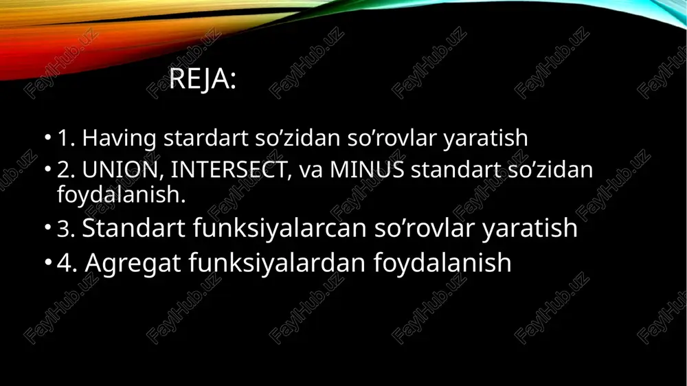 operandlarni tartibi bir xil bo`lishi kerak. a∩b union birlashtirish amali venn diagrammasidagi tasviri . minus(ayirma) yoki except. r va s munosabatlarni ayirmasi r-s ko`rinishida yoziladi va undagi kortejlar to`plami r munosabatga tegishli, lekin s munosabatga tegishli bo`lmagan kortejlardir. bu amalni bajarganda ham operandlarni tartibi bir xil bo`lishi kerak. a/b except (minus) birlashtirish amali venn diagrammasidagi tasviri . standart funksiyalar: lower - satrni kichik harfga o'zgartiradi upper - satrni katta harfga o'zgartiradi rpad – o'ng qatorni ma'lum bir uzunlikdagi boshqa qator bilan bog'laydi replace – satr ichidagi barcha substringlarning o'rnini yangi pastki satr bilan almashtiradi ucase – satrni katta harfga o'zgartiradi reverse – satrni o'zgartiradi va natijani qaytaradi format - raqamni "#, ###, ###. ##" kabi formatga, o'nlik kasrlarning aniqlangan soniga qadar aylantiradi. initcap - ifodaning sonli turga mansubligini aniqlaydi (mysqlda bu buyruq bajarilmaydi) lpad - funktsiyasi satr boshiga to'ldirilgan belgilar qo'shib asl satrdan olingan belgilangan uzunlikdagi satrni qaytaradi (agar manba …