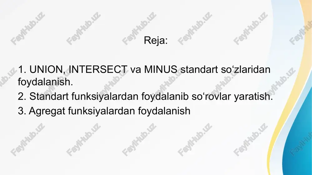 siyasidan foydalanish: select id, names, rand(id) from teachers; round() funksiyasidan foydalanish: select id, income, expriences, round(income/expriences, 4) from teachers; power() funksiyasi orqali sonni darajaga ko’tarish: select id, expriences, power(id, expriences) from teachers; sin() va log() funksiyalarini ishlatilishi: select id, names, sin(id), log(id) from teachers; sqrt() funksiyasi orqali sonning kvadrat ildizini hisoblash: select id, income, sqrt(income) from teachers; image1.jpeg image3.png image4.png image5.png image6.png image7.png image8.png image9.png image10.png image11.png image12.png image13.png image14.png image15.png image16.png image17.png image18.png image19.png image20.png image21.png image22.png image2.jpeg §b laboratoriya - postgresql-one’ x = + v _ x € > cg @ onecompiler.com/postgresql/3y4zhj4my apps if gmail > youtube [g translate © maps [| programming %& settings- passwords [j tatu [mm english commands.sql laboratoriya # new c stdin 2 create table teachers (id int, name varchar(30), live_in varchar(2@), expriences int, inc : input for the program ( optional ) 5 select * from teachers; e@ 6 insert into teachers (id, …