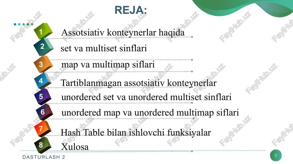 i. elementlarni kiritishda iteratorlar ishlatilmaydi hamda elementlarni o'chirish iteratorlar yordamida amalga oshiriladi. dasturlash 2 set uchun aniqlangan turlar 6 № nomi izoh 1 allocator_type to'plam obyekti uchun ajratuvchi sinfini ifodalovchi tur. 2 const_iterator to'plamning const elementini o'qiy oladigan ikki tomonli iteratorni ta'minlaydigan tur. 3 const_pointer to'plamdagi const elementiga ko'rsatgichni ta'minlaydigan tur. 4 const_reference const operatsiyalarini o'qish va bajarish uchun to'plamda saqlanadigan const elementiga mos yozuvlar beradigan tur. 5 const_reverse_iterat or to'plamdagi istalgan konst elementni o'qiy oladigan ikki tomonlama iteratorni ta'minlovchi tur. 6 difference_type iteratorlar tomonidan ko'rsatilgan elementlar orasidagi diapazonda to'plamdagi elementlar sonining vakili sifatida foydalanish uchun mos bo'lgan imzolangan butun son turi. 7 iterator to'plamdagi istalgan elementni o'qishi yoki o'zgartirishi mumkin bo'lgan ikki tomonli iteratorni ta'minlovchi tur. dasturlash 2 set uchun aniqlangan turlar 7 № nomi izoh 8 key_ compare to'plamdagi ikkita elementning nisbiy tartibini aniqlash uchun ikkita xil ele-mentlarni taqqoslashi mumkin bo'lgan funktsiya obyekti bilan ta'minlaydigan tur. 9 key_type …