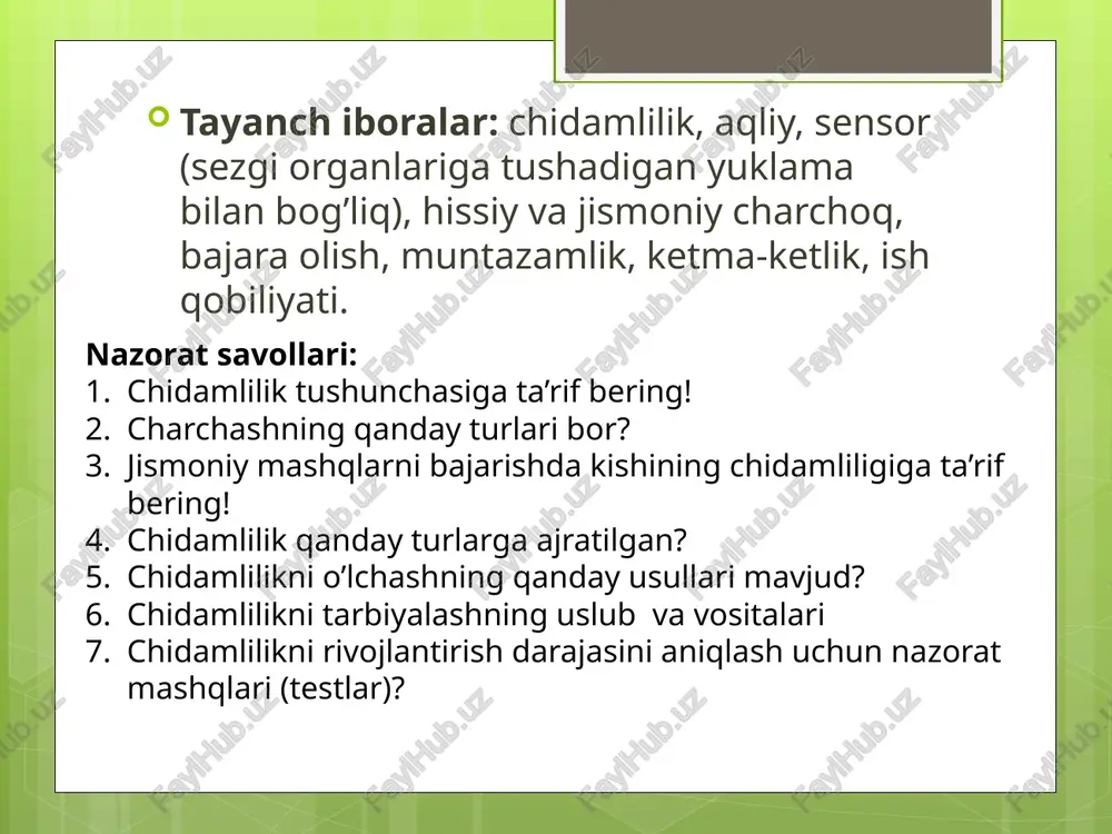 qt davomida ish tezligini pasaytirmasdan ishlash qobiliyatidir chidamlilik organizmning funktsional zahiralari jismoniy chiniqqanlik darajasi ish bajariladigan muhit sharoitlari chidamlilikning turlari umumiy chidamlilik maxsus chidamlilik dinamik chidamlilik statik chidamlilik gipoksiyaga chidamlilik harorqtga chidamlilik abu ali ibn sino charchoq haqida tib qonunlarida charchoq turlari yarali charchash qotib charchash shishli charchash ozib charchash yarali charchash qotib charchash shishli charchash ozib charchash unda terini yuzida yoki tagida yara kabi narsa seziladi unda kishi go’yo gavdasini ezilgan yoki majaqlangan gumon qilib, tanasida issiqlik va bo’shashishni sezadi bunda tana odatdagidan qizarganroq bo’lib, g’ovlaganga o’xshash xissiyot sezadi. unda uchragan kishi gavdasini qurigan va qovjiraganroq sezadi. chidamlilikni tarbiyalash uslubi bilvosita usul chunonchi, sport amaliyotida chidamlilik biror uzoq masofani bosib o’tish vaqtiga qarab aniqlanadi. chidamlilikni o’lchash usuli bilvosita bevosita bevosita o’lchash usulida tekshirilayotganlarga biror topshiriqni bajarish (masalan, berilgan tezlikda yugurish) tavsiya etiladi va ish qancha vaqtgacha dastlabki shiddat bilan bajarilishi (tezlik pasaya boshlagunga qadar) aniqlanadi. chidamlilikni o’lchashning to’g’ri va …