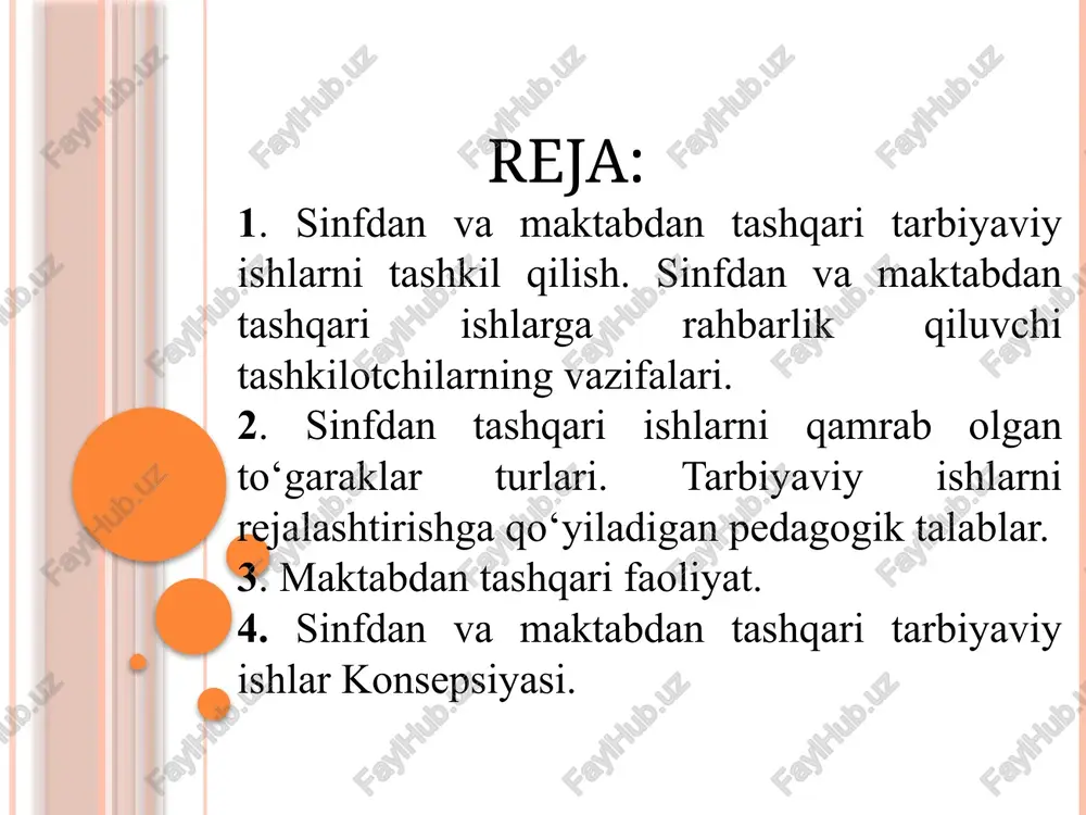 va vazifalarini aniqlash; – tarbiyaviy, ommaviy-siyosiy ishlarni rejalashtirish va ularning mazmuni, shakl va usullarini aniqlash; – sinfdan va maktabdan tashqari tarbiyaviy ishlarni guruhlashtirish, boshqaruvchi shaxslarni aniqlash. sinfdan tashqari ishlarning tarbiyaviy ta’siri ko‘p darajada o‘quv jarayonini tashkil etish saviyasiga hamda o‘quvchilar jamoachining xilma-xil ishlarni qanday yo‘lga qo‘yishga bog‘liqdir. sinfdan tashqari faoliyat majburiy dastur bilan chegaralanmaydi, balki yoshlari har xil o‘quvchilarni ixtiyoriy ravishda birlashtiradi. ularning tashabbusi asosida ishlarni amalga oshiradi, fanga qiziqtiradi, ularni xalqning madaniy hayoti muhitiga olib kiradi. sinfdan tashqari ishlarni tashkil qilish va o‘tkazish metodikasi quyidagilarga asoslanishi kerak: 1. darsda o‘quvchilar olgan bilim, malaka va ko‘nikmalarni hisobga olgan holda o‘tkaziladi. 2. sinfdan tashqari ishlar o‘quvchilarning xohishi, havaskorligi, ijodkorligi tamoyillariga asoslanishi va ularning individual fikrlarini qoniqtirish maqsadida tashkil qilinadi. 3. sinfdan tashqari ishlarni o‘tkazish shakllari darslardan farq qilib, qiziqarli tomoni kuchli bo‘ladi. buning uchun zaruriy shart shuki, o‘tkaziladigan ishning rejalashtirilishi va tizimliligining murakkabligidadir. sinfdan va maktabdan tashqari ishlarning tashkilotchisining vazifalariga quyidagilar …