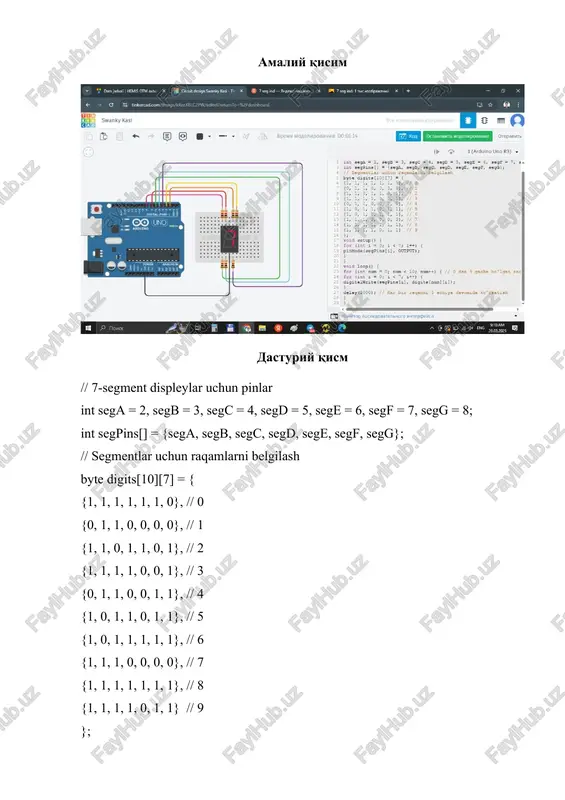 ical swanky kasi bbuc?*8o e-—- » o 1(arduino uno r3) + 6, segf = 7, 24 segc, segd, sege, seg, seqg}; sega = 2, segb = 3, segc = 4, segd = 5, sock segpins(] = (seor, segb, id loop() { (int oum = 0; num < ied